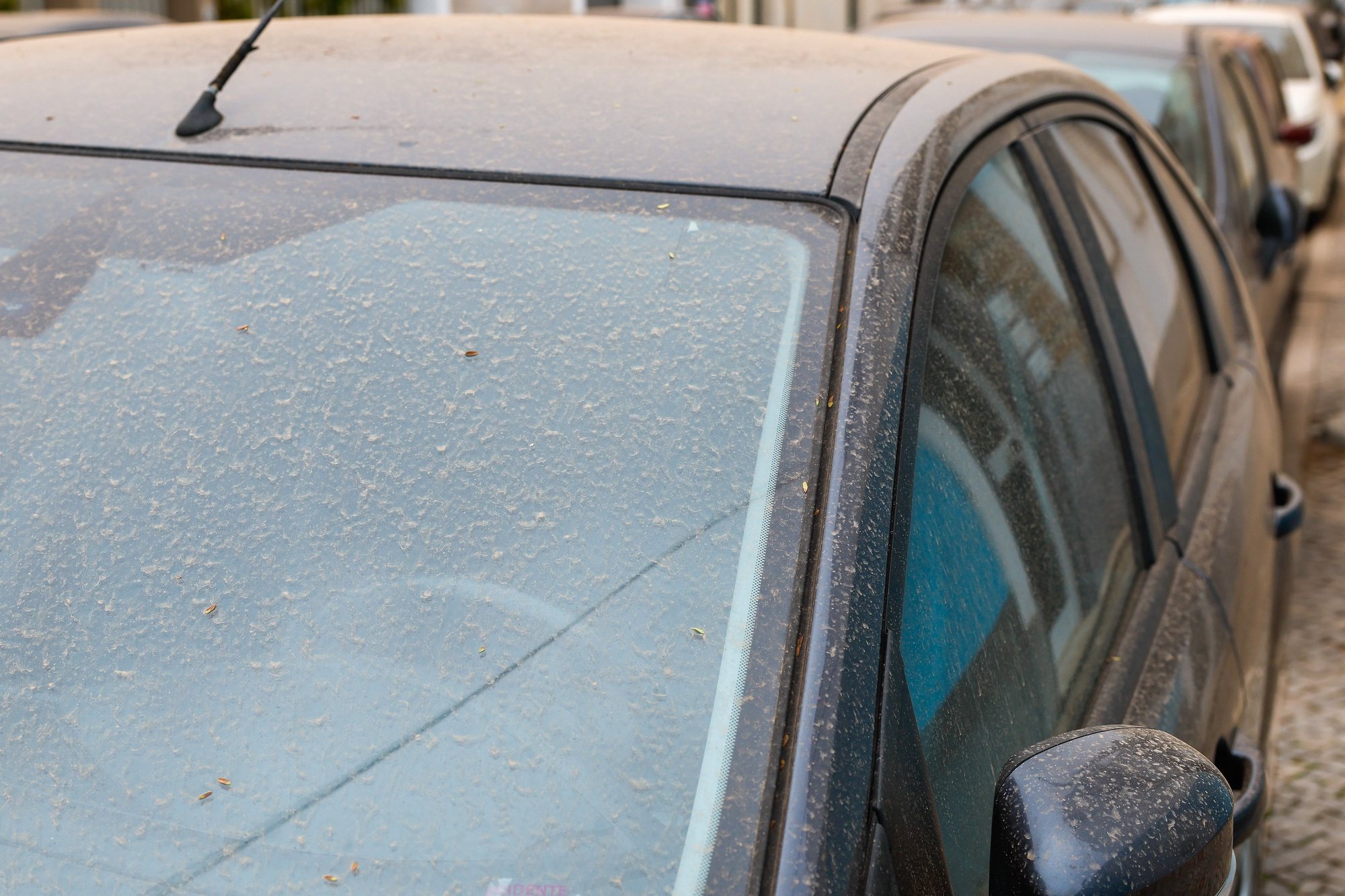 Um veículo coberto de poeira encontra-se estacionado numa rua de Faro, 22 de março de 2024. A direção-geral de saúde alerta a população para se prevenir contra uma situação de fraca qualidade de ar, devido a uma massa proveniente do norte de África com poeiras em suspensão. LUÍS FORRA/LUSA