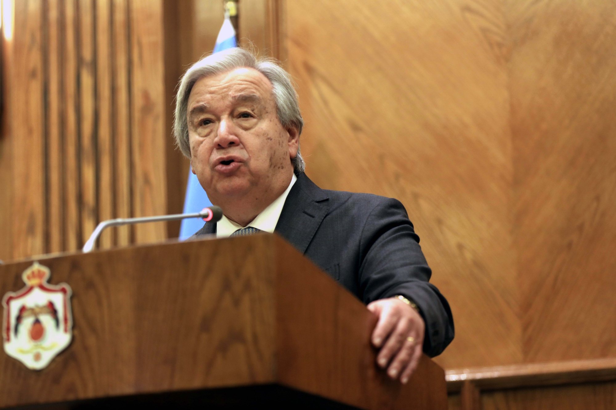 epa11242445 United Nations Secretary-General Antonio Guterres speaks during a press conference with Jordan&#039;s Foreign Minister (not pictured), in Amman, Jordan, 25 March 2024. Gutteres visited the Rafah border crossing between Gaza and Egypt on 23 March. The UN security Council is due, on 25 March, to vote again on a new resolution calling for an &quot;immediate&quot; ceasefire in Gaza, three days after another ceasefire resolution presented by the US had been vetoed by Russia and China.  EPA/MOHAMMAD ALI