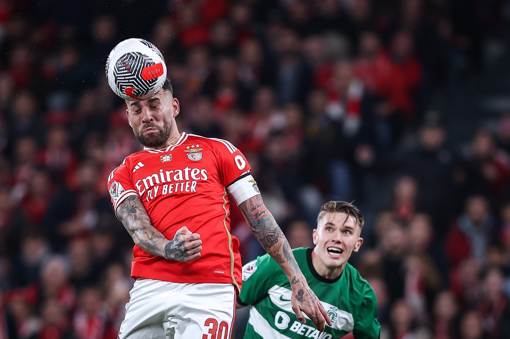 Benfica player Otamendi scores a goal against Sporting for the Portugal Soccer Cup second leg semi-final match held at Luz Stadium, in Lisbon, Portugal, 02 April 2024. RODRIGO ANTUNES/LUSA