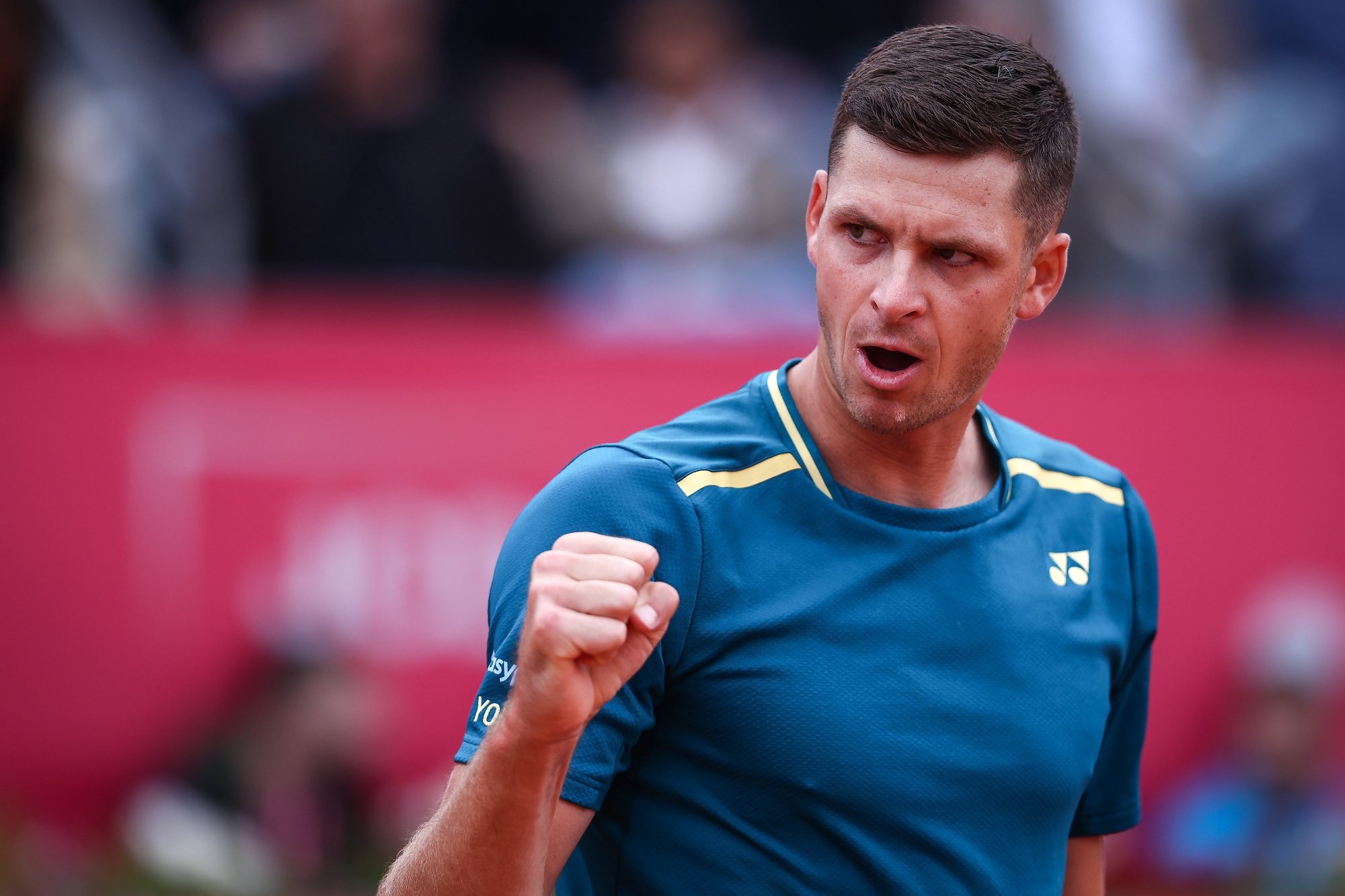 Hubert Hurkacz of Poland reacts against Christian Garin of Chile during the semi-final of the Estoril Open tennis tournament, in Cascais, Portugal, 06 April 2024. RODRIGO ANTUNES/LUSA