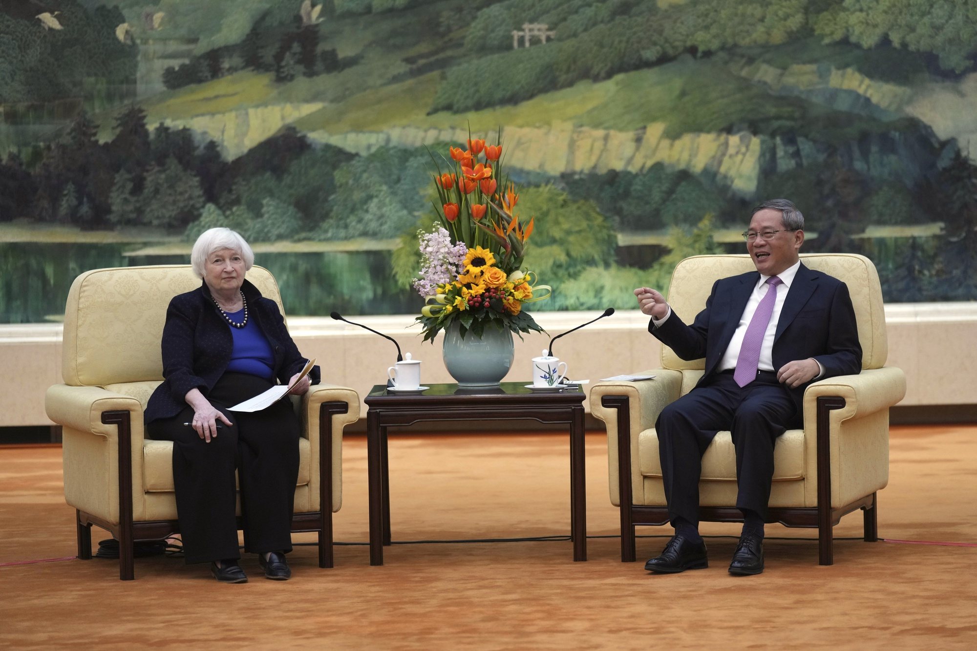 epa11263409 U.S. Treasury Secretary Janet Yellen (L) meets with Chinese Premier Li Qiang at the Great Hall of the People in Beijing, China, 07 April  2024. Yellen, who arrived in Beijing after starting her five-day visit in Guangdong province, one of China&#039;s major industrial and export hubs, said that talks will create a structure to hear each other&#039;s views and try to address American concerns about manufacturing overcapacity in China.  EPA/Tatan Syuflana / POOL