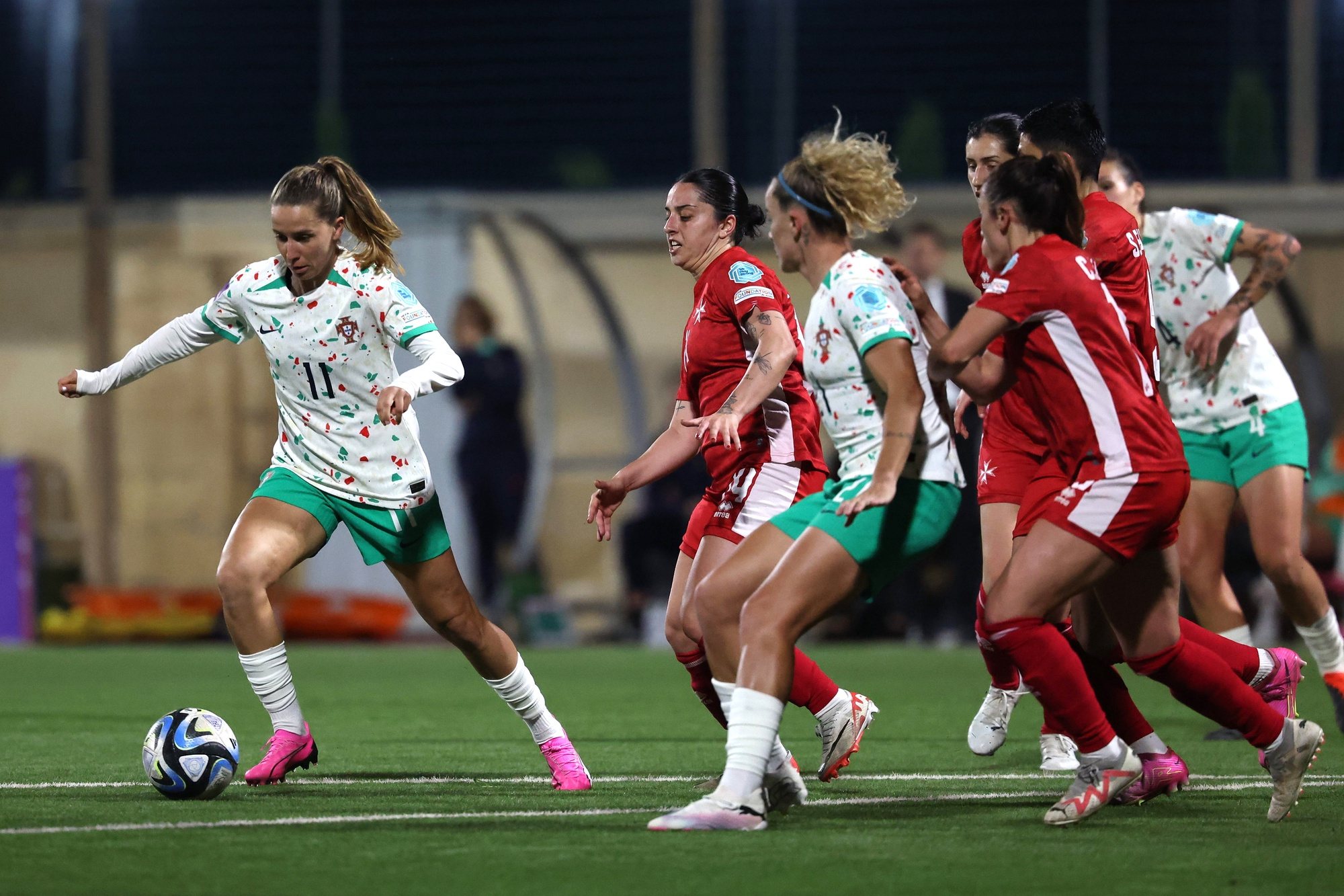epa11267999 Portugal&#039;s Tatiana Pinto (L) in action during the UEFA Women&#039;s European Qualifiers soccer match between Malta and Portugal at the Centenary Stadium, in Ta&#039; Qali, Malta, 09 April 2024.  EPA/Domenic Aquilina