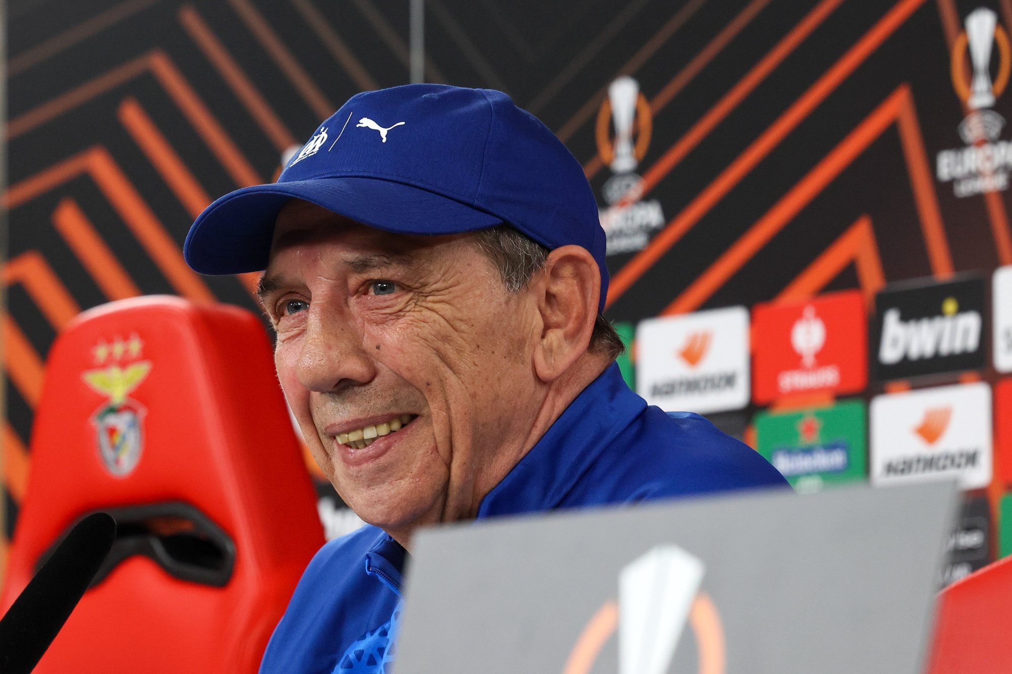 Olympique Marseille headcoach Jean-Louis Gasset during a press conference ahead of tomorrow&#039;s Europa League match quarter final first leg with Benfica at the Luz stadium in Lisbon, Portugal, 11th April 2024.   MANUEL DE ALMEIDA/LUSA