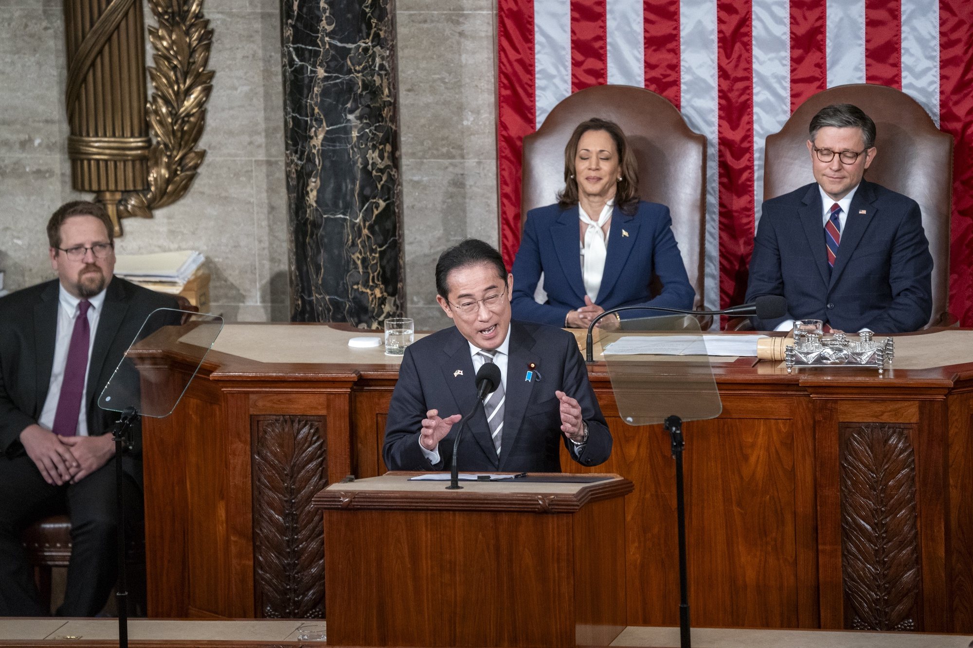epa11273085 Prime Minister of Japan Fumio Kishida (C) delivers an address to a joint meeting of the United States Congress, in the chamber of the US House of Representatives on Capitol Hill in Washington, DC, USA, 11 April 2024. Prime Minister Kishida&#039;s address comes before attending a trilateral meeting with US President Joe Biden and President Ferdinand Marcos Jr. of the Philippines at the White House.  EPA/SHAWN THEW