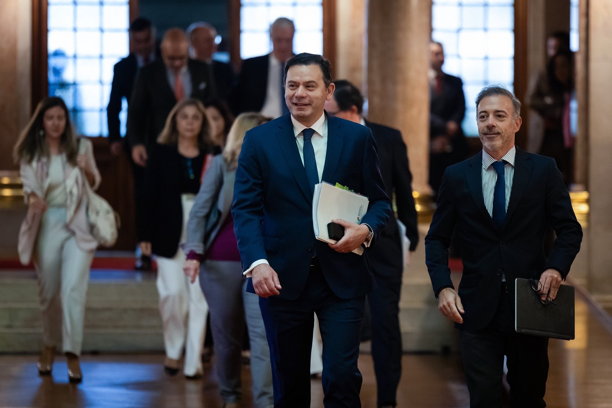 Prime Minister Luis Montenegro (L) and Minister for Parliamentary Affairs, Pedro Duarte arrives to participate on the second plenary session to discuss the government programme, at the Portuguese Parliament in Lisbon, Portugal, 12 April 2024. JOSE SENA GOULAO/LUSA