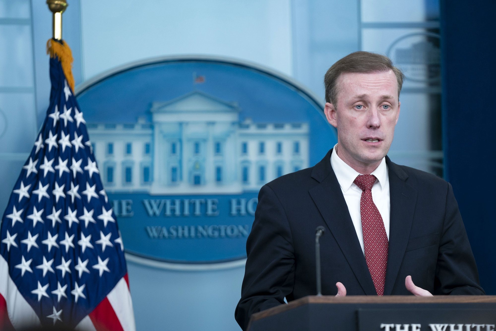 epa11268334 US National Security Advisor Jake Sullivan speaks during the daily press briefing in the James S. Brady Briefing Room at the White House in Washington, DC, USA, 09 April 2024.  EPA/BONNIE CASH / POOL