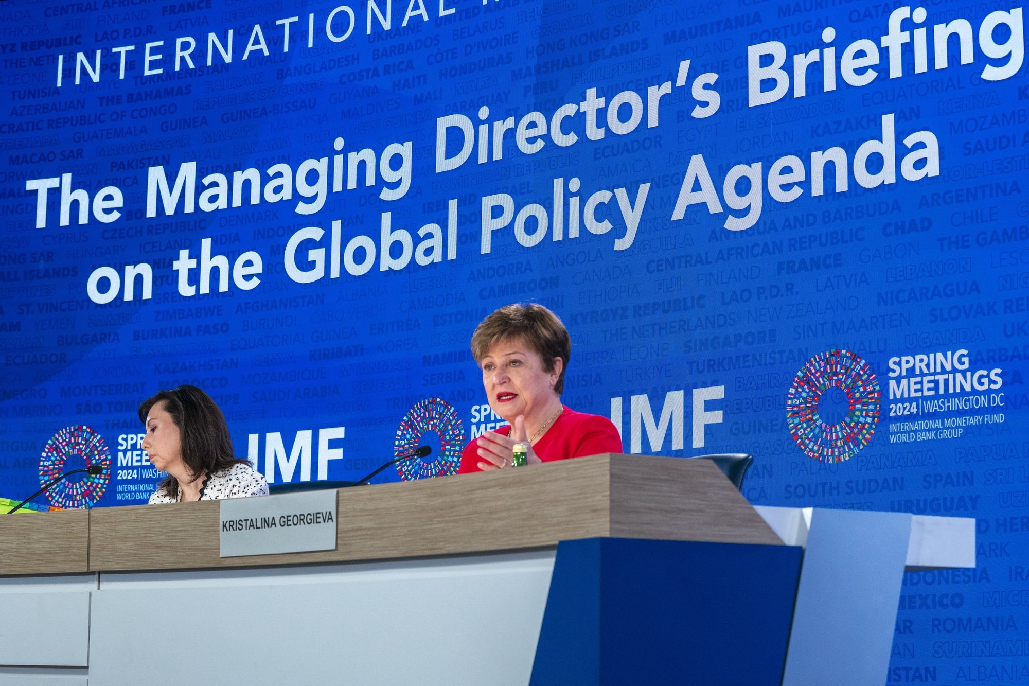 epa11286481 International Monetary Managing Director Kristalina Georgieva responds to a question from the news media during her press briefing on the Global Policy Agenda at the 2024 Spring Meetings of the IMF and the World Bank Group (WBG) in Washington, DC, USA, 18 April 2024.ÃŠThe Spring Meetings bring together finance ministers and central bank governors from around the world and run 15-20 April.  EPA/SHAWN THEW