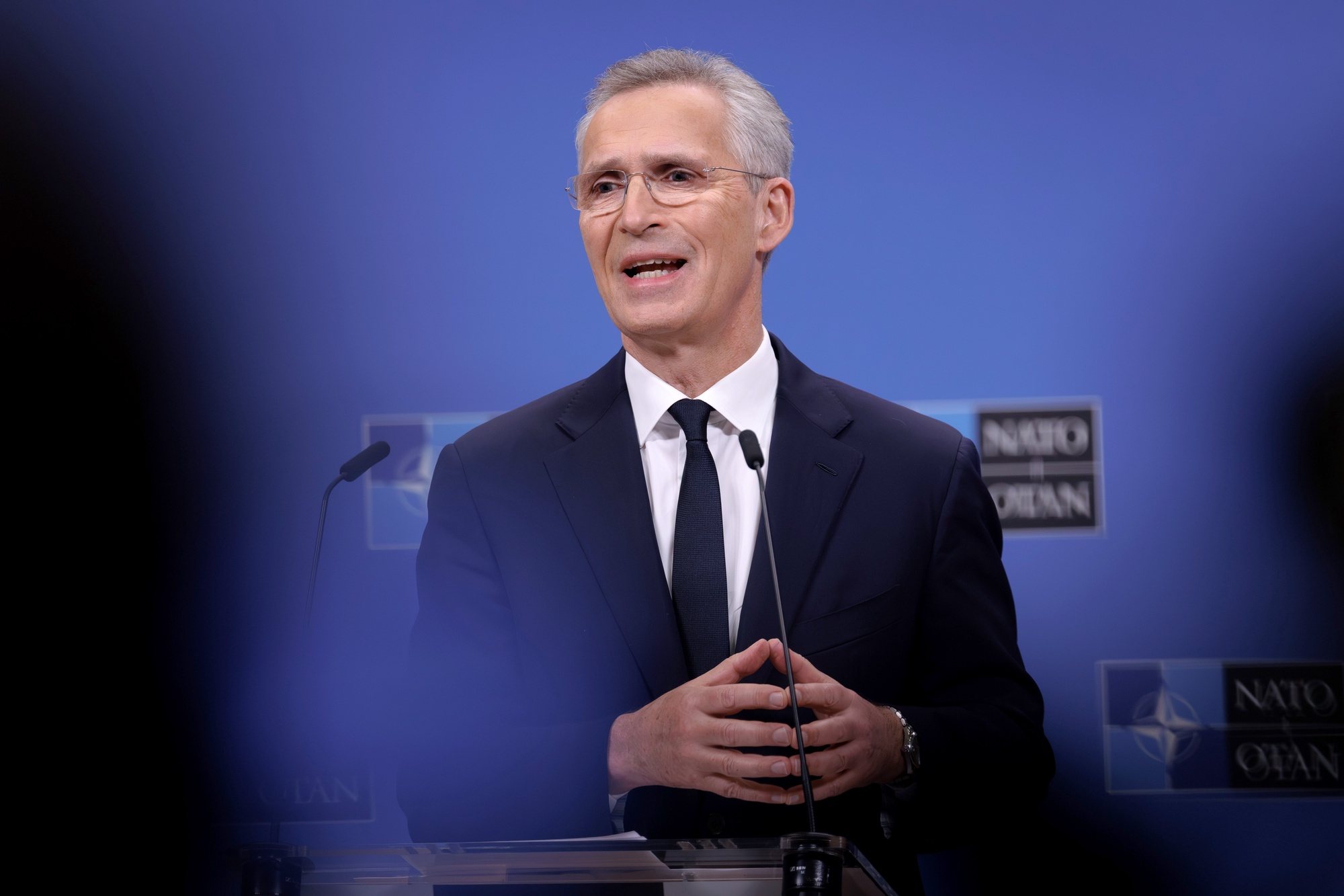 epa11288825 NATO Secretary General Jens Stoltenberg briefs the media after chairing a virtual meeting of the NATO-Ukraine Council (NUC) at the level of Allied Defence Ministers in the Alliance headquarters in Brussels, Belgium, 19 April 2024.  EPA/OLIVIER MATTHYS