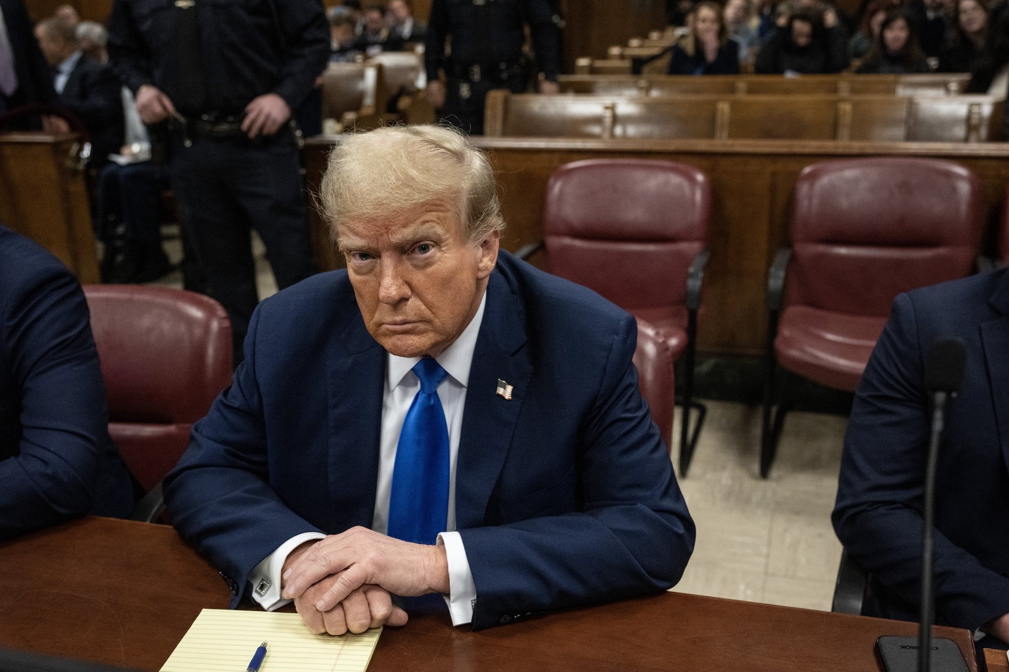 epa11294019 Former US President and current Republican presidential candidate Donald Trump awaits the start of proceedings at Manhattan Criminal Court in New York, New York, USA, 22 April 2024. Trump is facing 34 felony counts of falsifying business records related to payments made to adult film star Stormy Daniels during his 2016 presidential campaign.  EPA/VICTOR J. BLUE / POOL