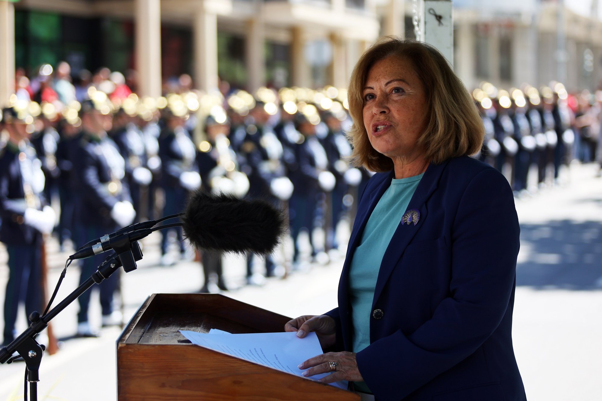 A ministra da Administração Interna, Margarida Blasco, durante a sua intervenção na cerimónia militar do compromisso de Honra do 53º Curso de Formação de Guardas da GNR, Portalegre, 23 de abril de 2024. NUNO VEIGA/LUSA