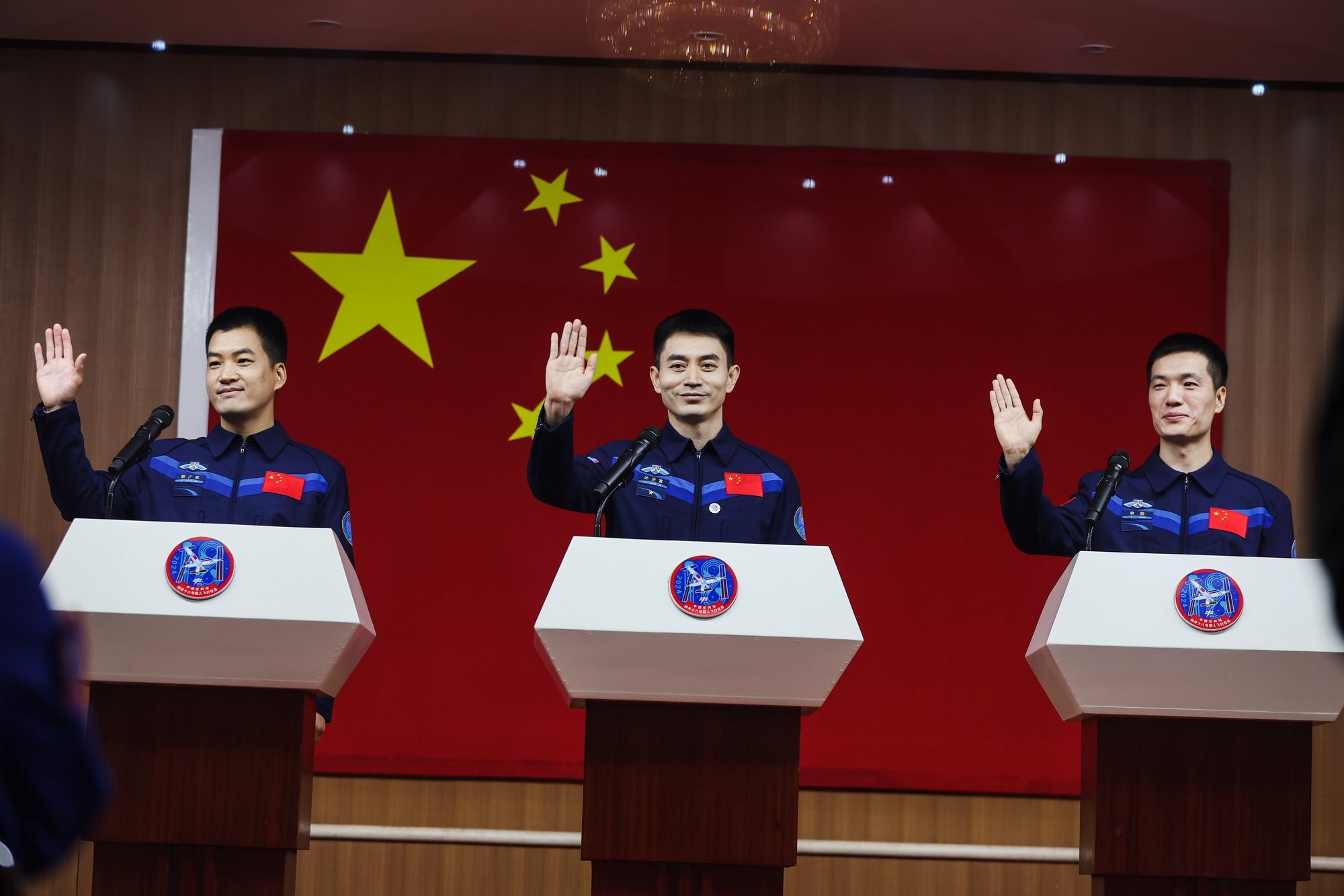 epa11296946 Astronauts of Shenzhou-18 spaceflight mission Ye Guangfu (C), Li Cong (R), and Li Guangsu attend a press conference in Jiuquan, Gansu province, China, 24 April 2024. China&#039;s Shenzhou-18 manned spaceflight mission with three astronauts is the third manned spaceflight mission of China Space Station&#039;s development phase. The mission will last for about six months and the crew will carry out tasks such as installation, commissioning, maintenance, repair, and experiments in space.  EPA/WU HAO