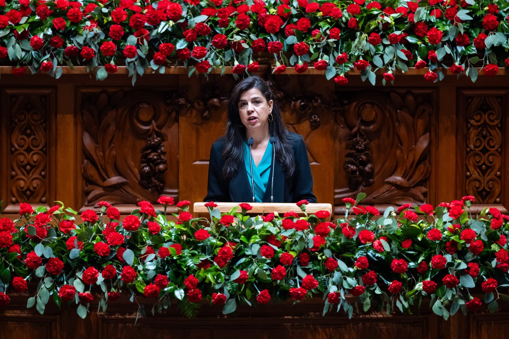 PAN (People, Animals and Nature) Party leader, Ines Sousa Real, delivers a speech during the solemn comemorative session at the Portuguese parliament in Lisbon, Portugal, 25 April 2024. Portugal celebrates the 50th anniversary of the Carnation Revolution that ended the authoritarian regime of Estado Novo (New State) that ruled the country between 1926 to 1974. JOSE SENA GOULAO/LUSA