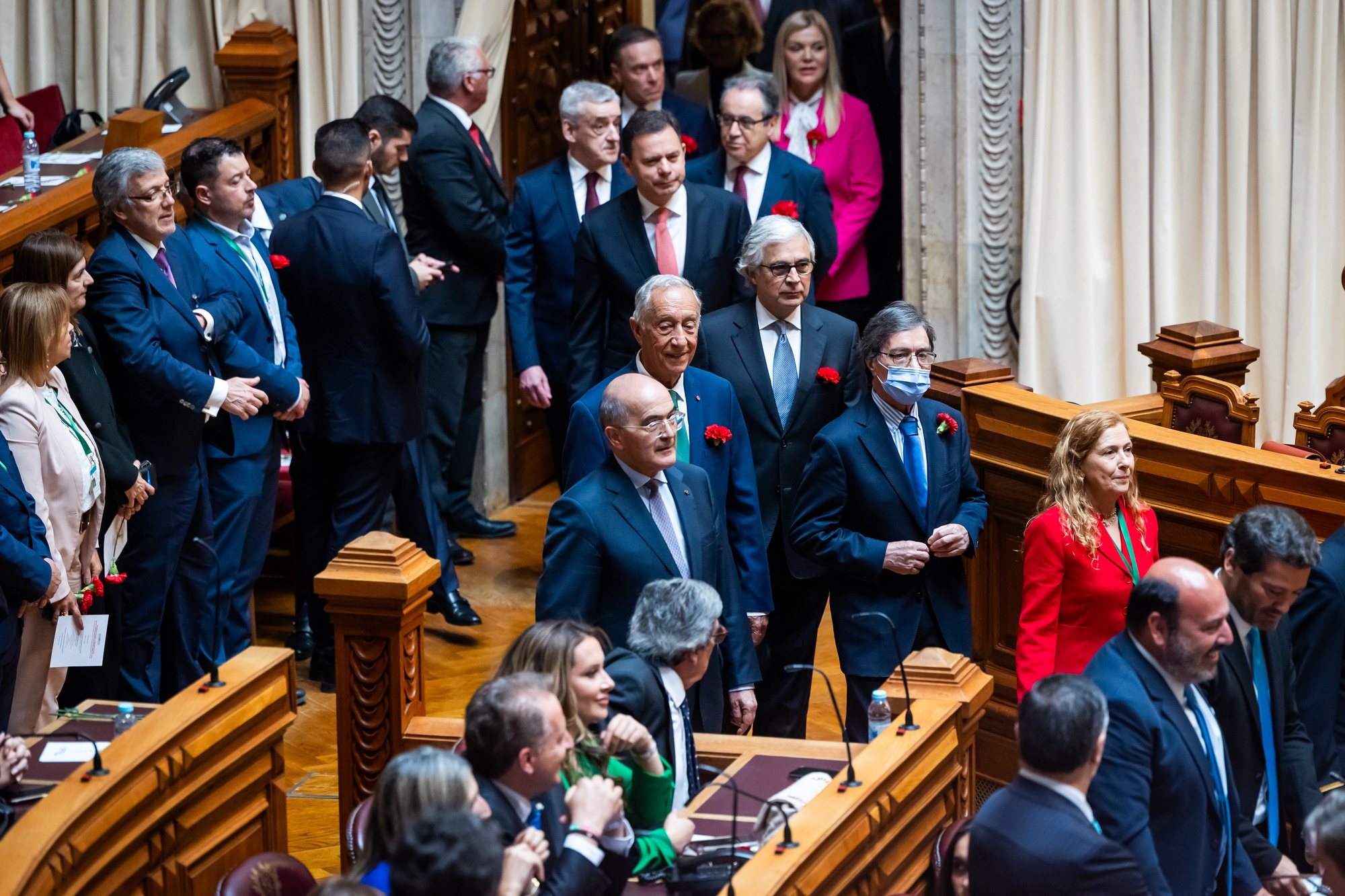 Portuguese Preesident, Marcelo Rebelo de Sousa (C-L), and the Prime Minister, Luis Montenegro (C-R), arrive for the solemn comemorative session at the Portuguese parliament in Lisbon, Portugal, 25 April 2024. Portugal celebrates the 50th anniversary of the Carnation Revolution that ended the authoritarian regime of Estado Novo (New State) that ruled the country between 1926 to 1974. JOSE SENA GOULAO/LUSA