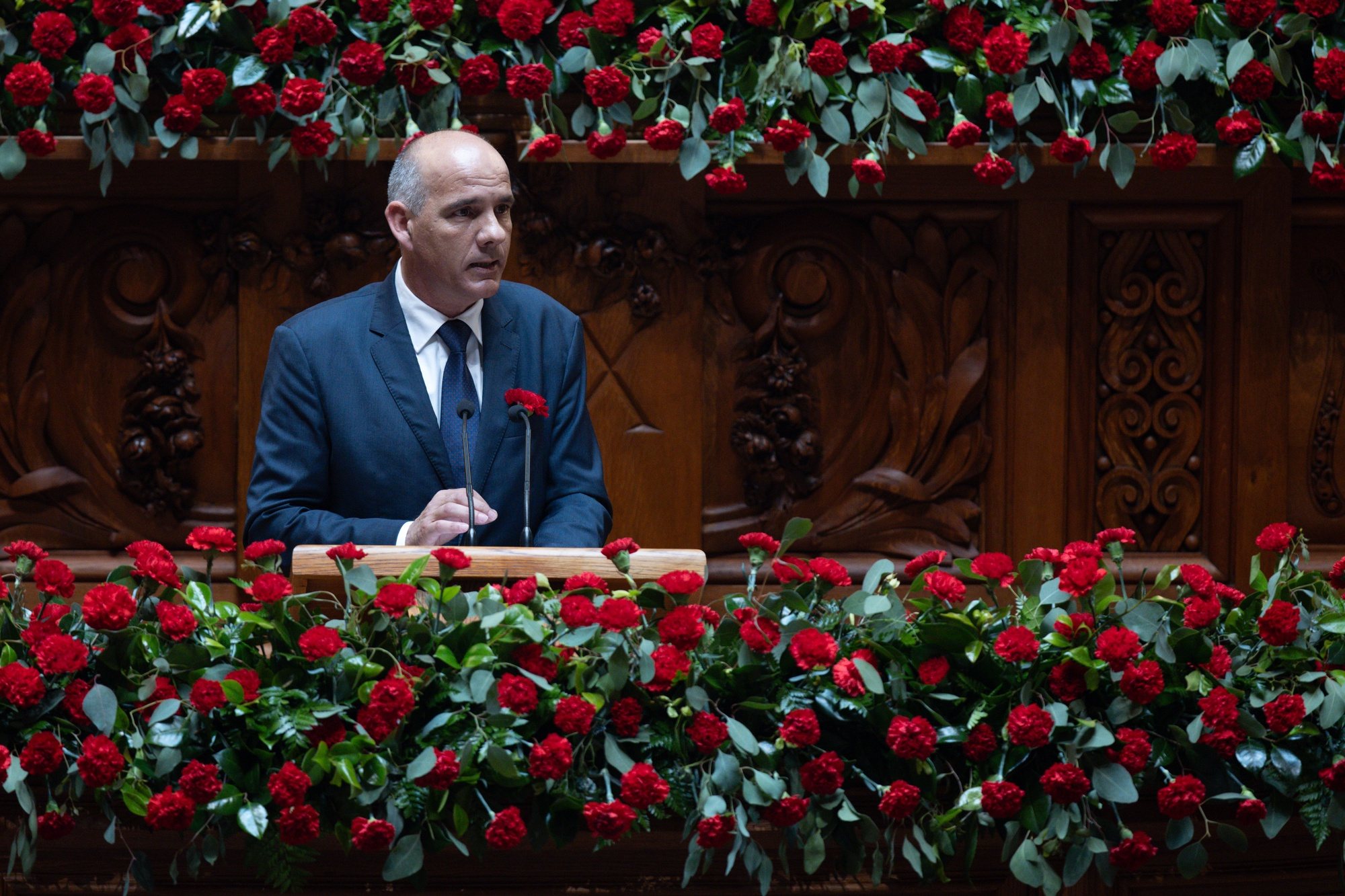 The leader of the Portuguese Communist Party (PCP), Paulo Raimundo, delivers a speech during the solemn comemorative session at the Portuguese parliament in Lisbon, Portugal, 25 April 2024. Portugal celebrates the 50th anniversary of the Carnation Revolution that ended the authoritarian regime of Estado Novo (New State) that ruled the country between 1926 to 1974. JOSE SENA GOULAO/LUSA