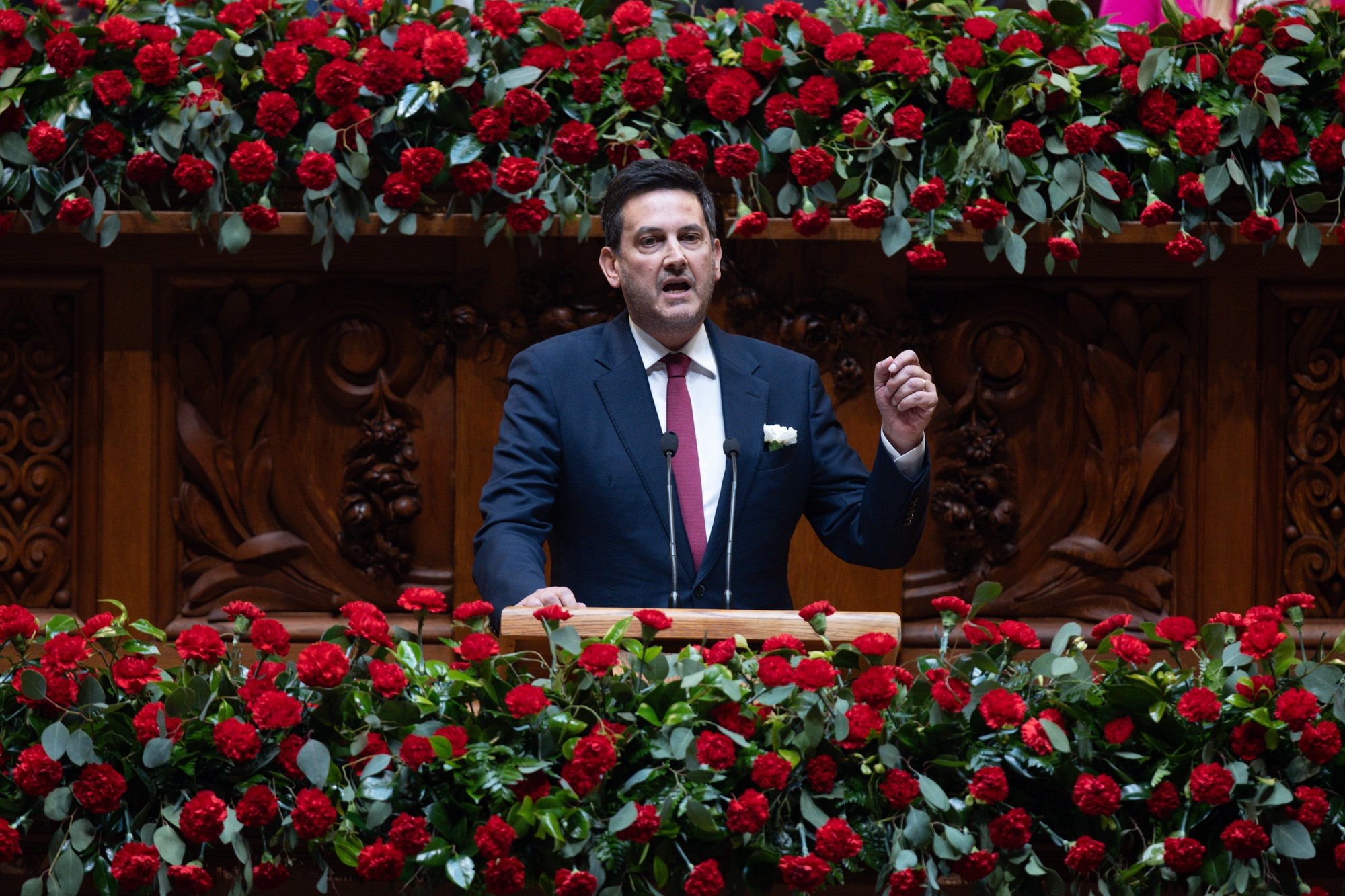 Portuguese leader of the Liberal Initiative (IL), Rui Rocha, delivers a speech during the solemn comemorative session at the Portuguese parliament in Lisbon, Portugal, 25 April 2024. Portugal celebrates the 50th anniversary of the Carnation Revolution that ended the authoritarian regime of Estado Novo (New State) that ruled the country between 1926 to 1974. JOSE SENA GOULAO/LUSA