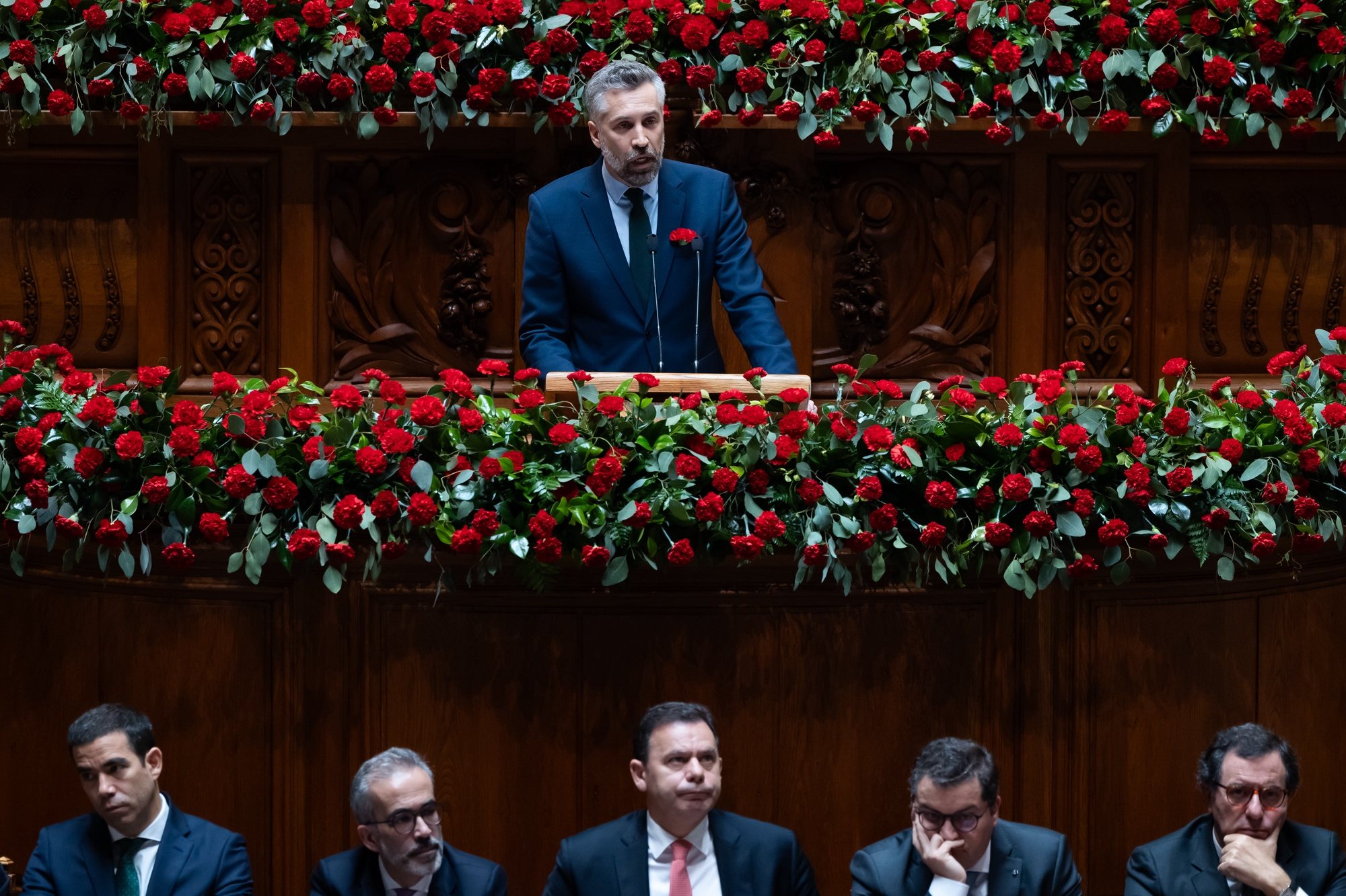Portuguese Socialist Party (PS) leader, Pedro Nuno Santos, delivers a speech during the solemn comemorative session at the Portuguese parliament in Lisbon, Portugal, 25 April 2024. Portugal celebrates the 50th anniversary of the Carnation Revolution that ended the authoritarian regime of Estado Novo (New State) that ruled the country between 1926 to 1974. JOSE SENA GOULAO/LUSA