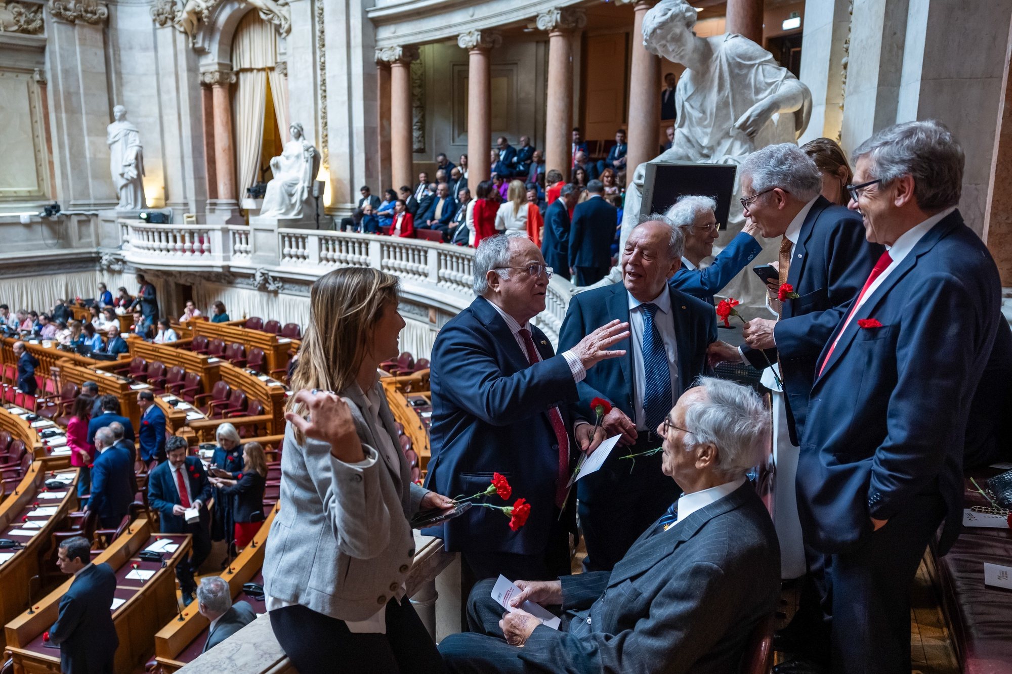 The president of 25th April Association, Vasco Lourenco (2-L), attends a solemn comemorative session at the Portuguese parliament in Lisbon, Portugal, 25 April 2024. Portugal celebrates the 50th anniversary of the Carnation Revolution that ended the authoritarian regime of Estado Novo (New State) that ruled the country between 1926 to 1974. JOSE SENA GOULAO/LUSA