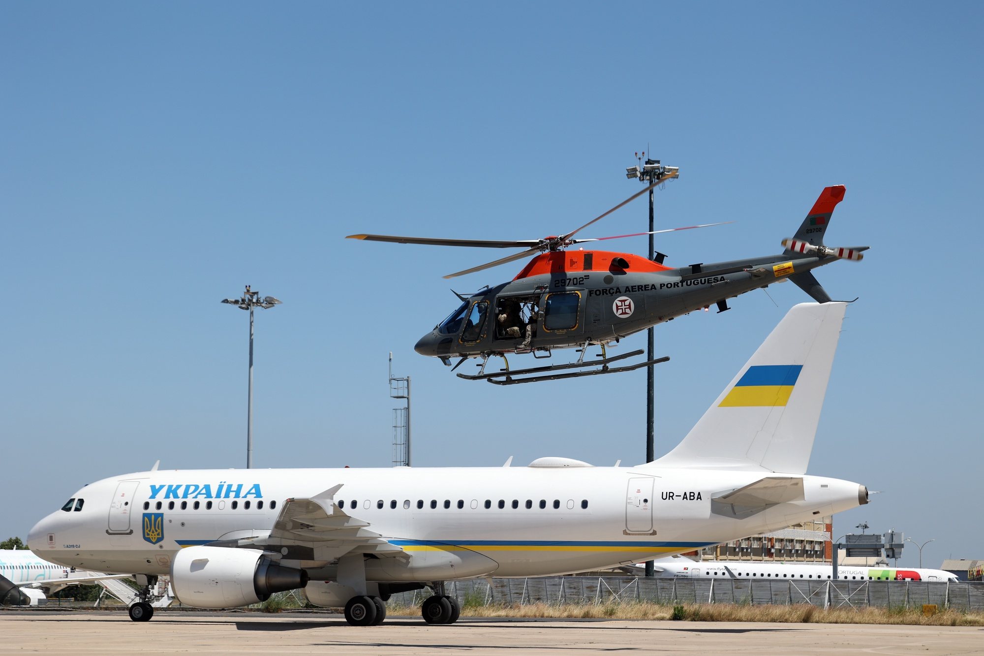 A helicopter provides security for the plane carrying the Ukraine&#039;s President Volodymyr Zelensky on his arrival at Figo Maduro air base, in Lisbon, Portugal, 28 May 2024. According to this note, released simultaneously by the office of the prime minister, Luís Montenegro, &quot;President Zelensky&#039;s working visit is part of the shared intention to deepen the excellent relations between the two states, with a particular focus on strengthening cooperation in the field of security and defence&quot;. TIAGO PETINGA/LUSA