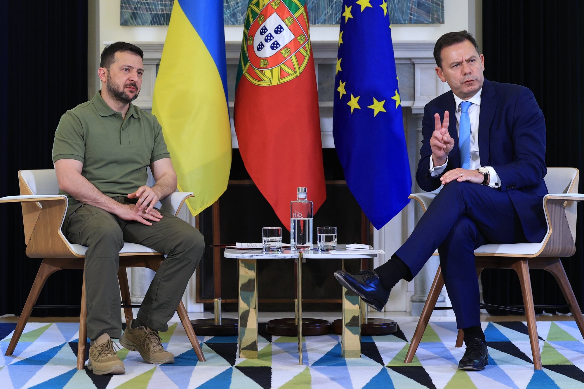 Portuguese prime minister Luis Montenegro (R) and Ukraine&#039;s President Volodymyr Zelensky (L) before a meeting at Sao Bento Palace in Lisbon, Portugal, 28 May 2024. According to this note, released simultaneously by the office of the prime minister, Luís Montenegro, &quot;President Zelensky&#039;s working visit is part of the shared intention to deepen the excellent relations between the two states, with a particular focus on strengthening cooperation in the field of security and defence&quot;. ANTONIO COTRIM/LUSA/POOL