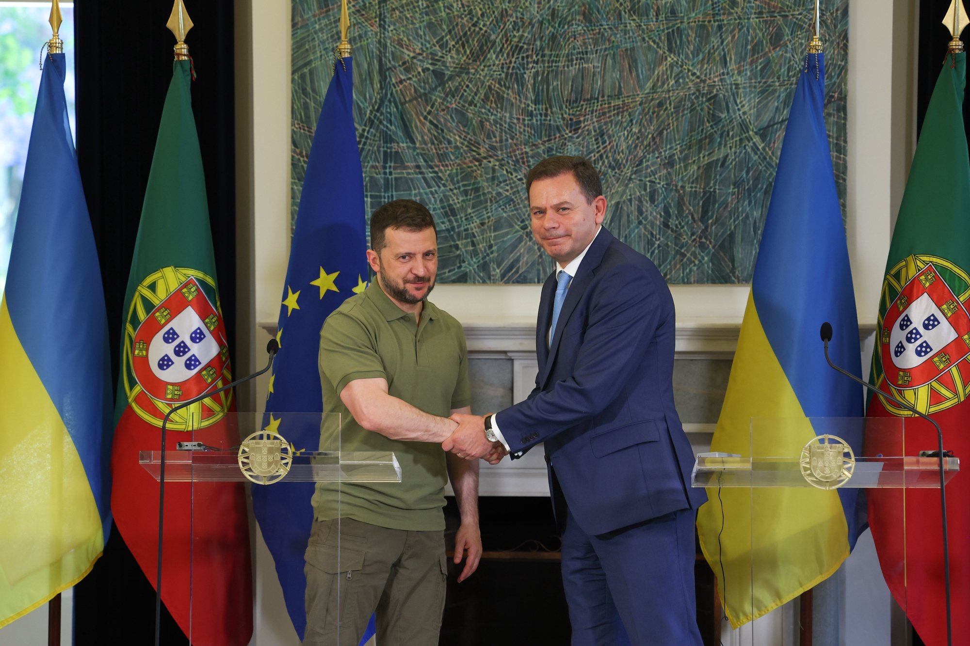 Portuguese prime minister Luis Montenegro (R) and Ukraine&#039;s President Volodymyr Zelensky during a joint statement, after a meeting at Sao Bento Palace in Lisbon, Portugal, 28 May 2024. According to this note, released simultaneously by the office of the prime minister, Luís Montenegro, &quot;President Zelensky&#039;s working visit is part of the shared intention to deepen the excellent relations between the two states, with a particular focus on strengthening cooperation in the field of security and defence&quot;. JOSE SENA GOULAO/LUSA/POOL