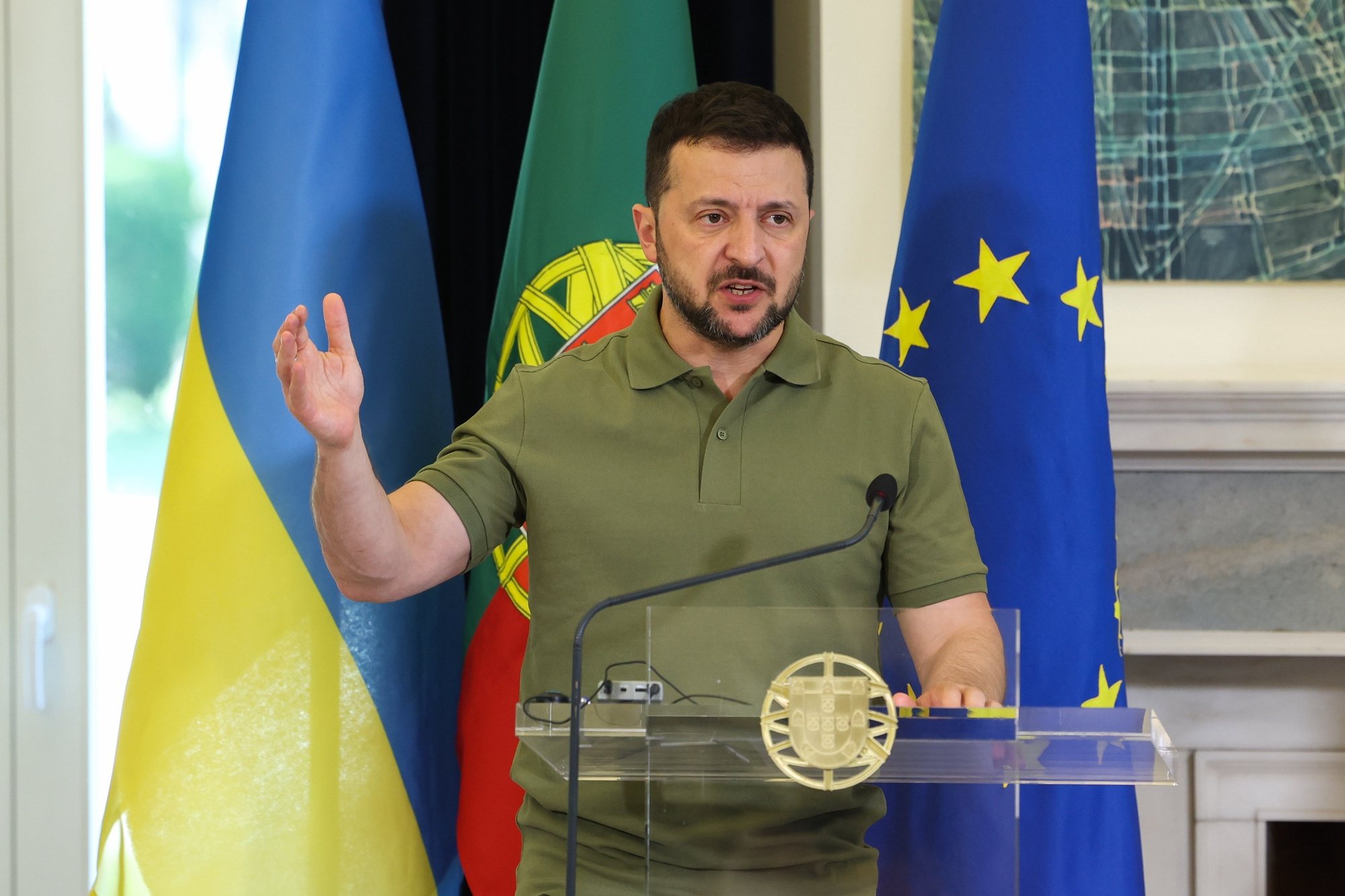 Ukraine&#039;s President Volodymyr Zelensky and portuguese prime minister Luis Montenegro (not pictured) during a joint statement, after a meeting at Sao Bento Palace in Lisbon, Portugal, 28 May 2024. According to this note, released simultaneously by the office of the prime minister, Luís Montenegro, &quot;President Zelensky&#039;s working visit is part of the shared intention to deepen the excellent relations between the two states, with a particular focus on strengthening cooperation in the field of security and defence&quot;. JOSE SENA GOULAO/LUSA/POOL