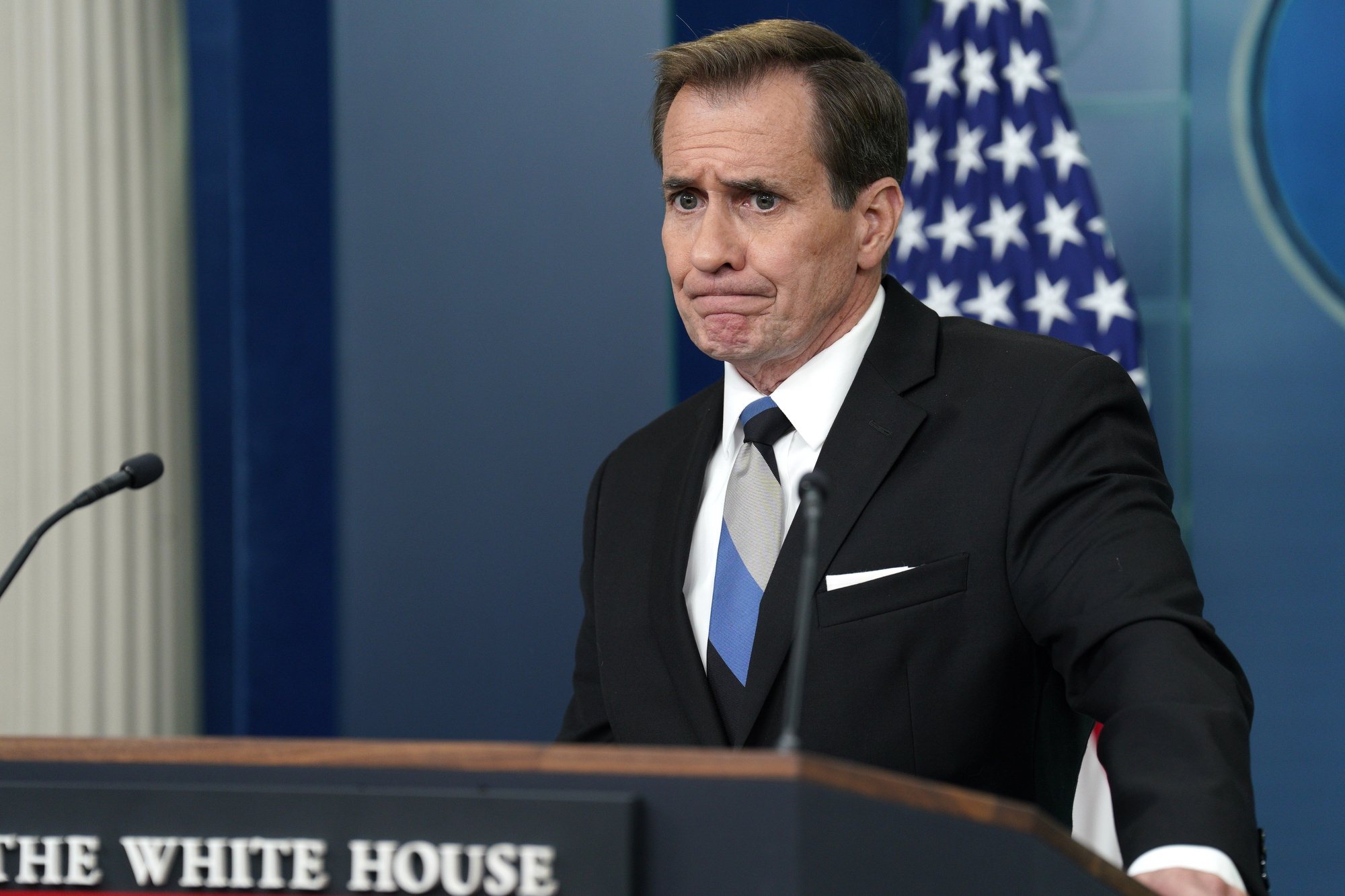 epa11376326 White House national security communications adviser John Kirby attends a press briefing at the White House in Washington DC, USA, 28 May 2024.  EPA/Yuri Gripas / POOL