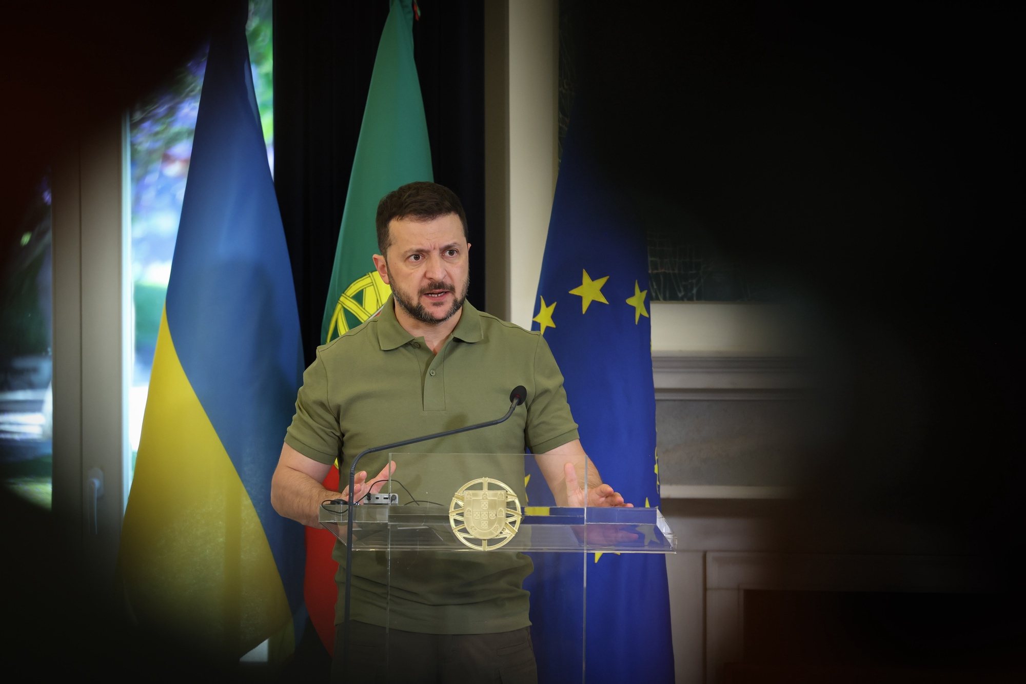 Ukraine&#039;s President Volodymyr Zelensky and portuguese prime minister Luis Montenegro (not pictured) during a joint statement, after a meeting at Sao Bento Palace in Lisbon, Portugal, 28 May 2024. According to this note, released simultaneously by the office of the prime minister, Luís Montenegro, &quot;President Zelensky&#039;s working visit is part of the shared intention to deepen the excellent relations between the two states, with a particular focus on strengthening cooperation in the field of security and defence&quot;. JOSE SENA GOULAO/LUSA/POOL