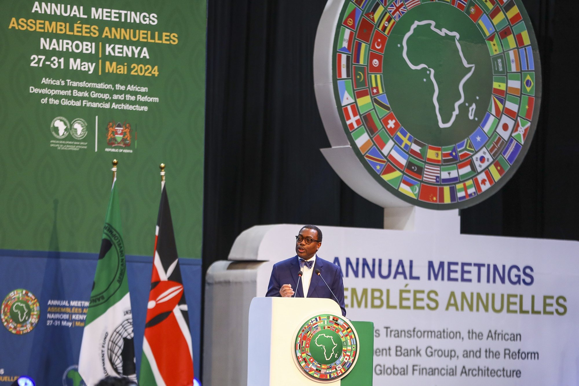 epa11378129 African Development Bank (AFDB) President Akinwumi Adesina (C) speaks during the opening ceremony of the 2024 AFDB Annual Meetings at the Kenyatta International Conference Centre (KICC), in Nairobi, Kenya, 29 May 2024. AFDB is holding Annual Meetings in Nairobi from 27 to 31 May 2024. They comprise the 59th Annual Assembly of the African Development Bank and the 50th meeting of the African Development Fund. Up to 3,000 delegates, including African heads of state, ministers and central bank governors among those gathered at the event to discuss the theme “Africa’s Transformation, the African Development Bank Group, and the Reform of the Global Financial Architecture”.  EPA/Daniel Irungu