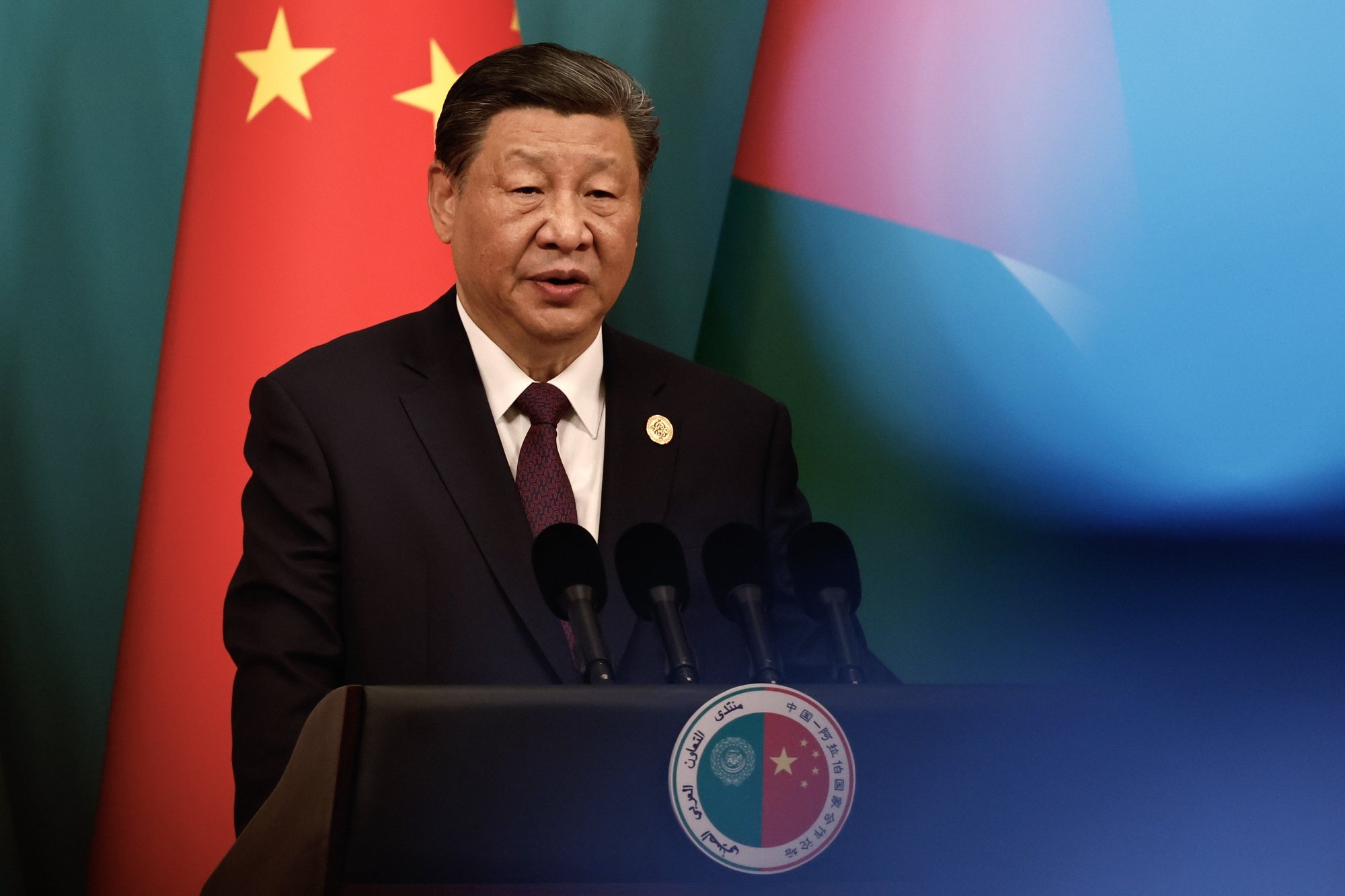 epa11378694 Chinese President Xi Jinping delivers a speech at the opening ceremony of the 10th ministerial meeting of the China-Arab States Cooperation Forum, at the Diaoyutai State Guesthouse in Beijing, China, 30 May 2024.  EPA/TINGSHU WANG / POOL