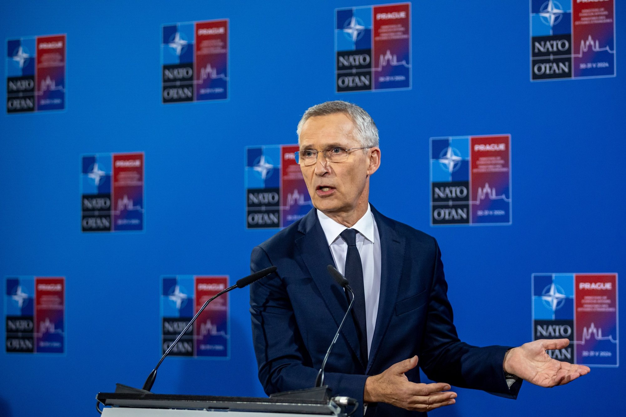 epa11381520 NATO Secretary General Jens Stoltenberg talks to journalist at a press conference following the informal NATO Foreign Ministers Meeting at Czernin Palace, in Prague, Czech Republic, 31 May 2024. The main topic of the two-day informal meeting of NATO foreign ministers was the search for consensus on the Alliance&#039;s next steps in support of Ukraine and to discuss priorities for the upcoming NATO Washington Summit.  EPA/MARTIN DIVISEK