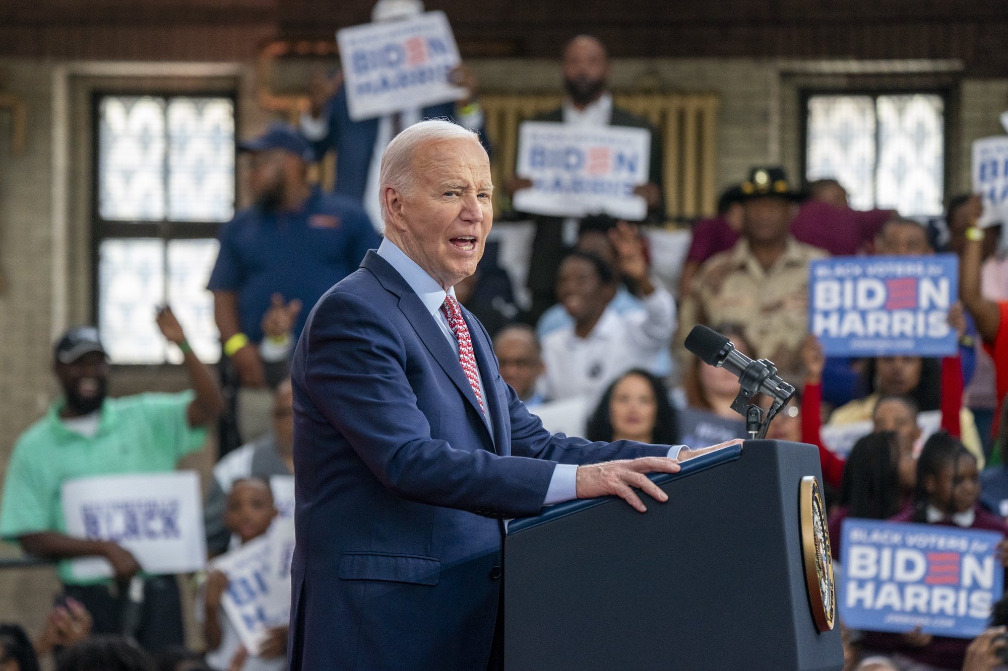 epa11378290 US President Joe Biden delivers remarks during a campaign rally at Girard College in Philadelphia, Pennsylvania, USA, 29 May 2024. President Biden and Vice President Harris officially launch their Black Voters for Biden-Harris campaign during the rally at Girard College, a majority Black school in Philadelphia.  EPA/SHAWN THEW