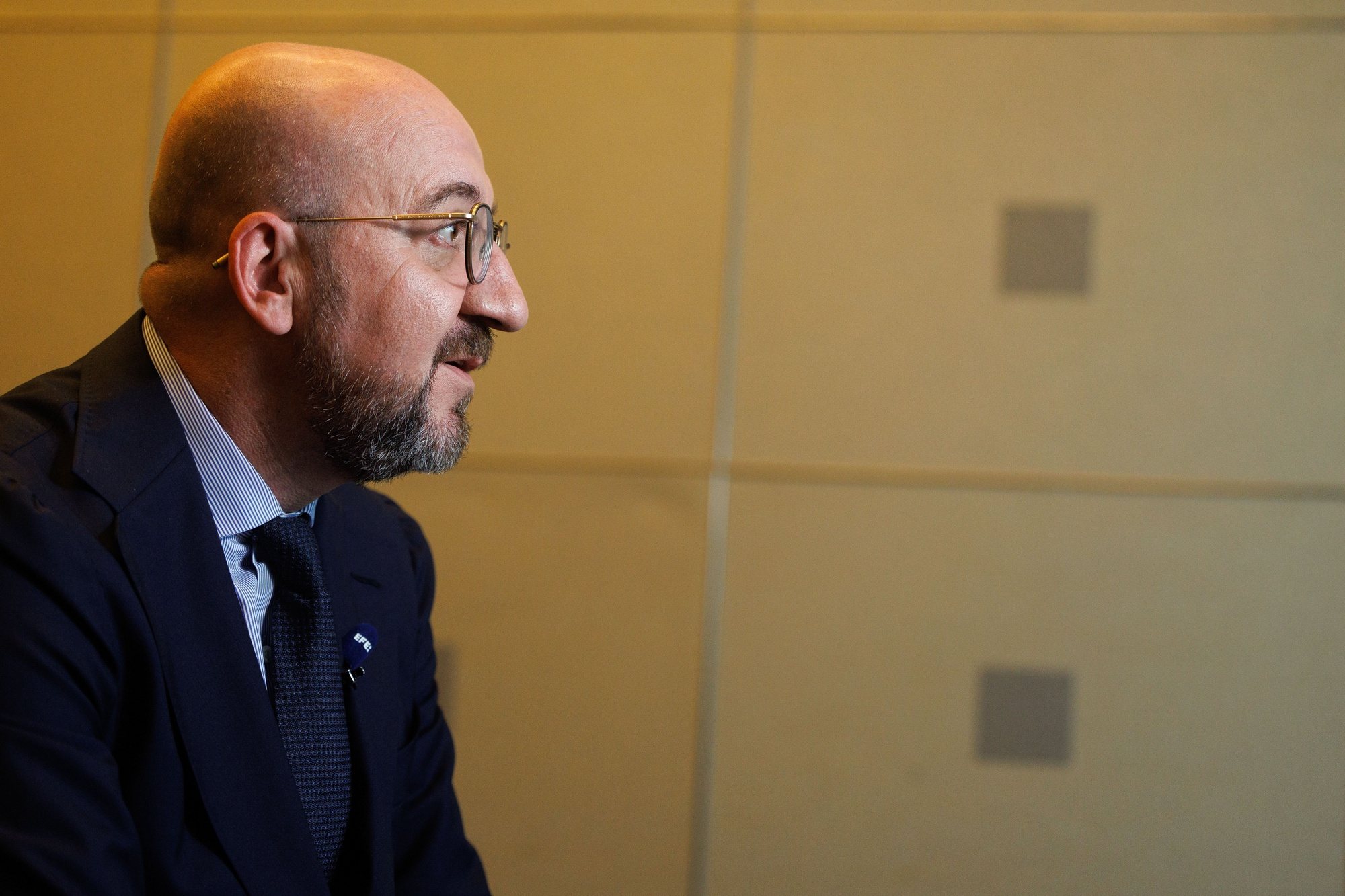 epa11380056 President of the European Council Charles Michel offers an interview in Madrid, Spain, 30 May 2024, where he addressed Spain&#039;s recent decision to internationally recognize the statehood of Palestine.  EPA/SERGIO PEREZ