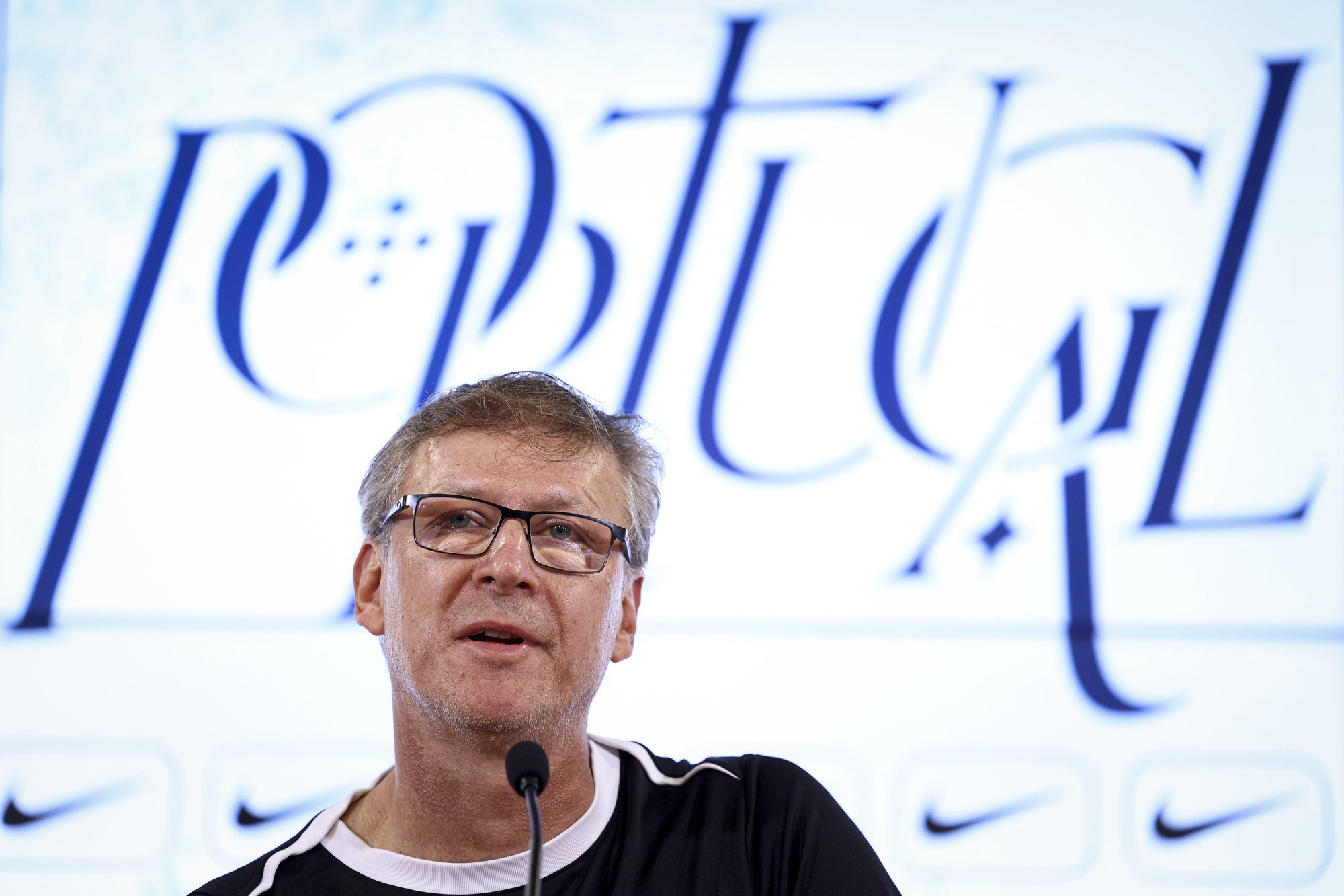 Finland national soccer team head coach Markku Kanerva attends a press conference at Alvalade stadium in Lisbon, Portugal, 03 June 2024. Finland will play tomorrow a friendly match against Portugal. FILIPE AMORIM/LUSA