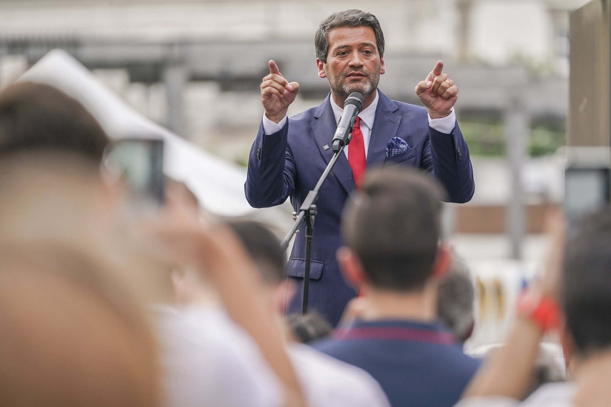 The president of Chega, Andre Ventura, delivers a speech during a rally as part of the campaign for the European elections, in Braga, Portugal, 06 June 2024. In Portugal, the European elections take place on June 9 and will be contested by 17 parties and coalitions. HUGO DELGADO/LUSA