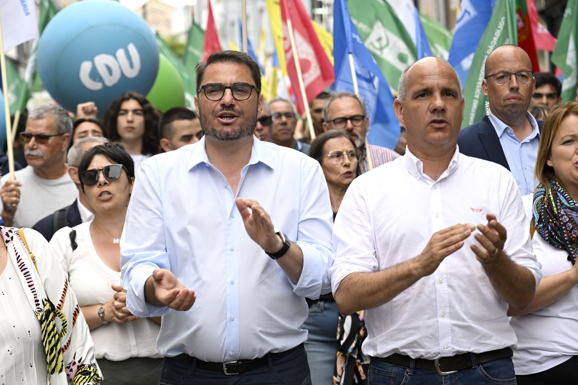 The head of the list for the European elections of the Unitary Democratic Coalition (CDU), João Oliveira (L), flanked by the secretary general of the Portuguese Communist Party, Paulo Raimundo (R), during a campaign rally for the 2024 European elections, Porto, Portugal, on 6th June 2024. In Portugal, the European elections take place on June 9 and will be contested by 17 parties and coalitions. FERNANDO VELUDO/LUSA
