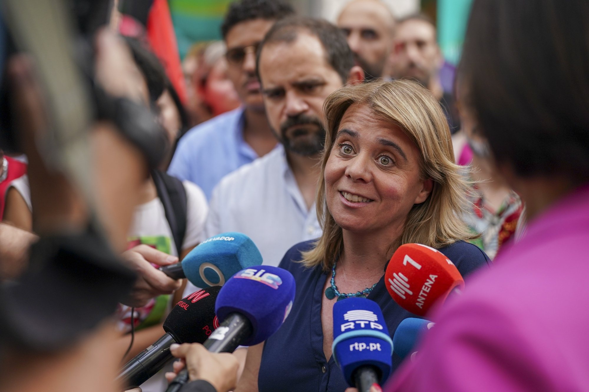 The list leader in the European elections for Left Block (BE) Catarina Martins, talks to the journalists during a campaign rally for the 2024 European elections in Braga, Portugal, 06 June 2024. In Portugal, the European elections take place on the 9th of June and will be contested by 17 parties and coalitions. HUGO DELGADO/LUSA