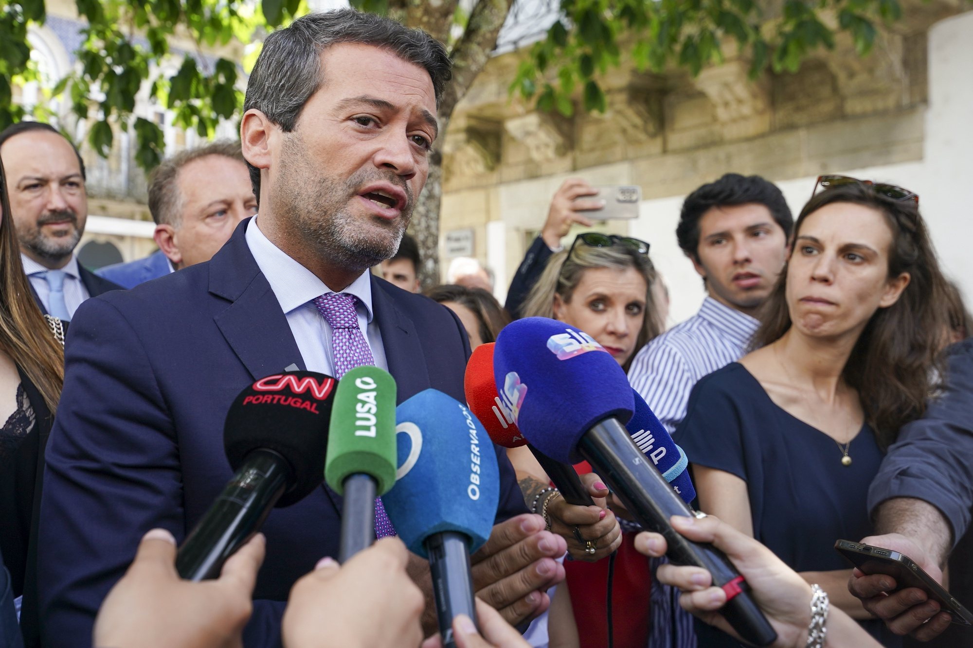 The President of the right-wing party Chega Andre Ventura speaks to media during a campaign event on the last day of the campaign for the 2024 European elections, in Valenca, Portugal, 07 June 2024. In Portugal, the European elections take place on 09 June and will be contested by 17 parties and coalitions. HUGO DELGADO/LUSA