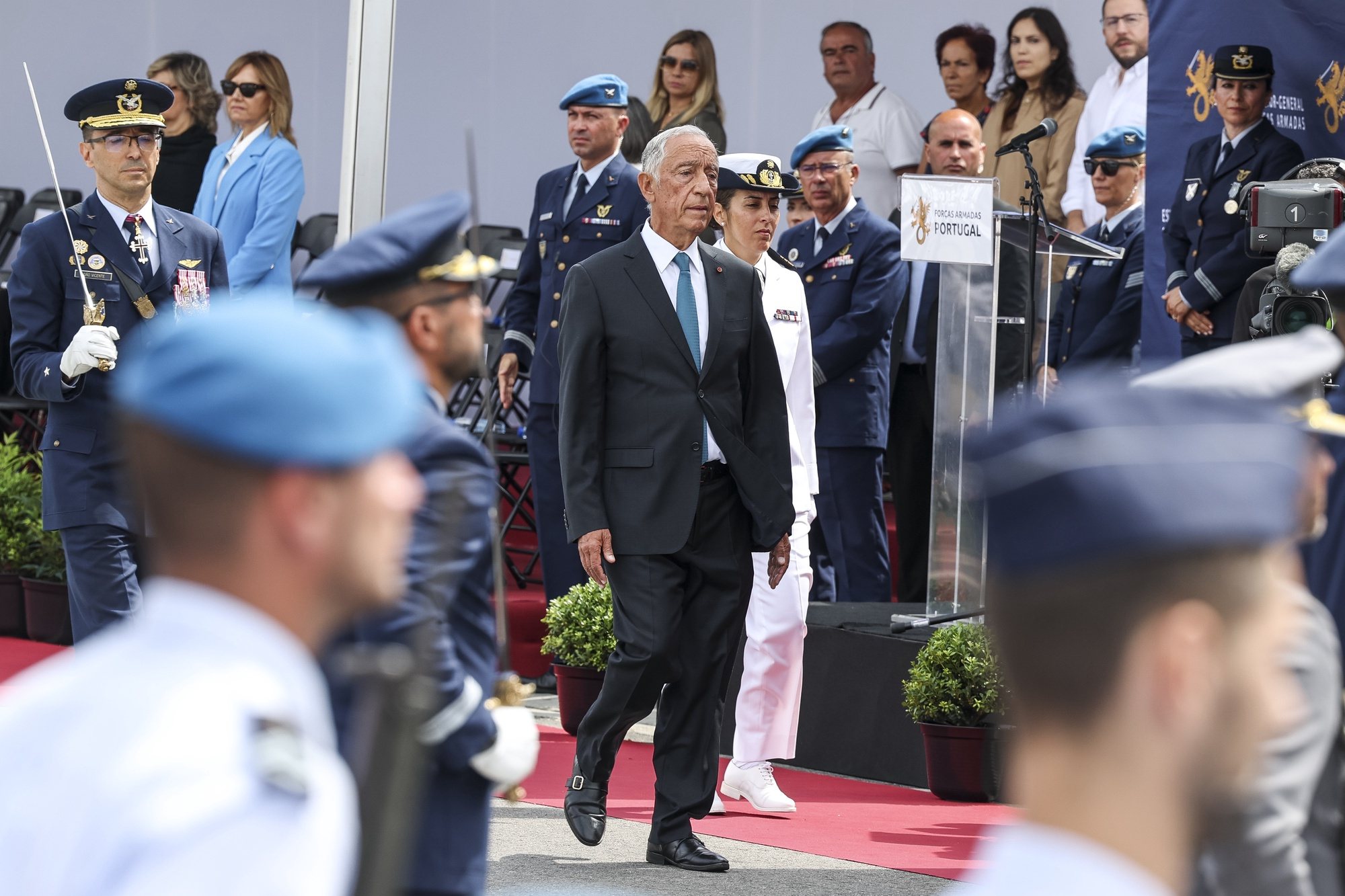 O Presidente da República, Marcelo Rebelo de Sousa (C), durante a cerimónia militar comemorativa do Dia de Portugal, no âmbito das Comemorações do 10 de Junho, em Pedrógão Grande, 10 de junho de 2024. PAULO NOVAIS/LUSA