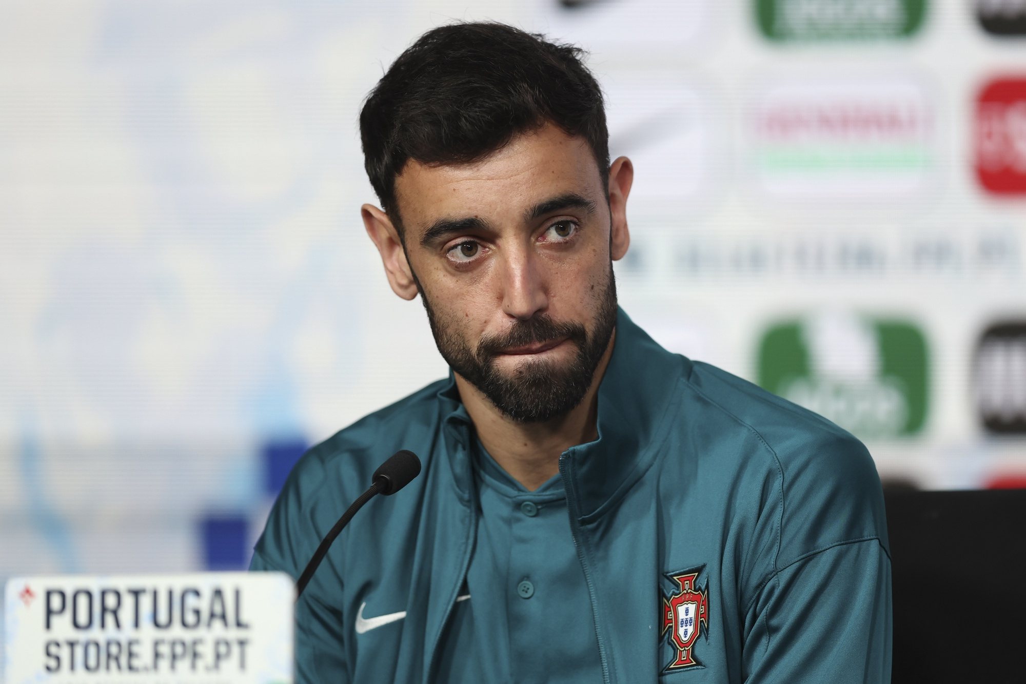 Bruno Ferenandes of Portugal attends a press conference in Oeiras, Portugal, 10 June 2024. Portugal will play a friendly match against Ireland next 11 June in preparation for the upcoming Euro 2024. ANTONIO COTRIM/LUSA