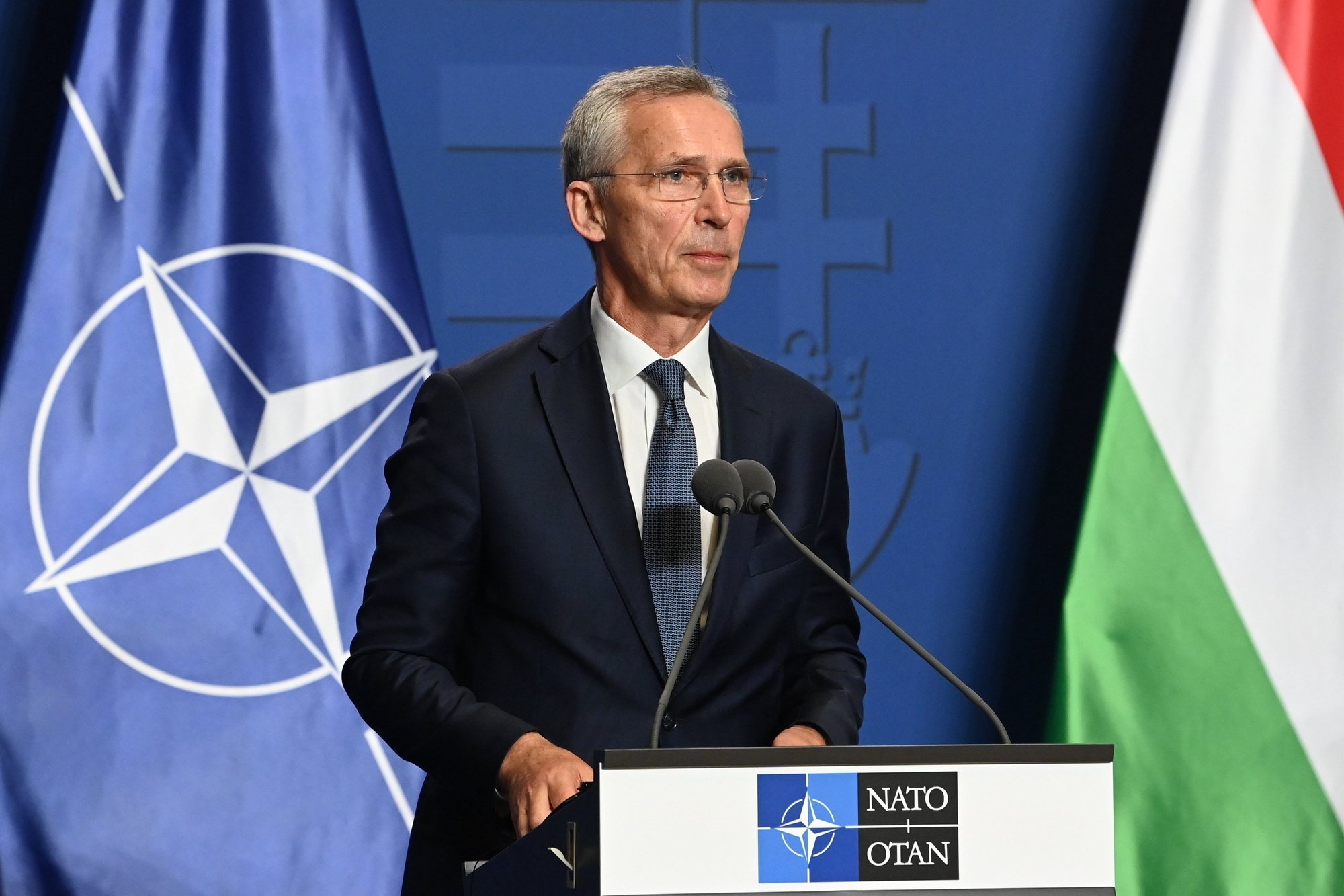 epa11405287 NATO Secretary General Jens Stoltenberg speaks during a joint press conference with Hungarian Prime Minister Viktor Orban (not pictured) following their meeting at the government headquarters in Budapest, Hungary, 12 June 2024.  EPA/ZOLTAN MATHE HUNGARY OUT