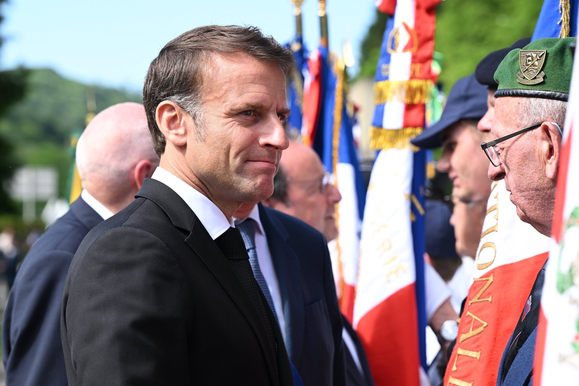 epa11401747 French President Emmanuel Macron attends a memorial ceremony in Tulle, France, 10 June 2024, where 99 civilians were hanged by a Nazi commando on 09 June 1944 during World War II. It is President Macron&#039;s first public appearance after he announced new legislative elections following the defeat of his Renaissance party in European elections.  EPA/CAROLINE BLUMBERG / POOL