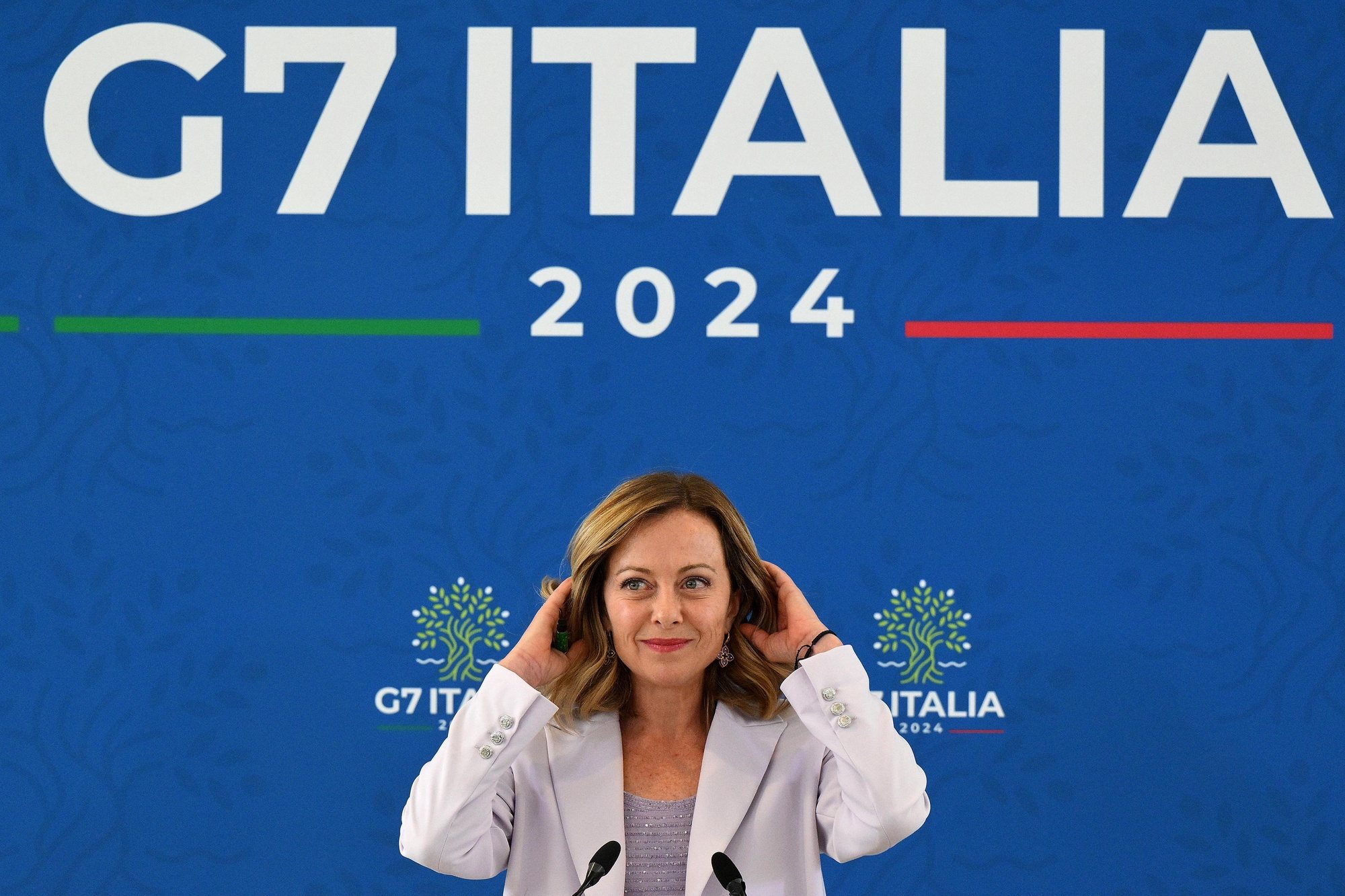 epa11411965 Italian Prime Minister Giorgia Meloni holds a press conference after the G7 summit at Borgo Egnazia resort in Savelletri, southern Italy, 15 June 2024. The 50th G7 summit brought together the Group of Seven member states leaders in Borgo Egnazia resort in southern Italy from 13 to 15 June 2024.  EPA/ETTORE FERRARI