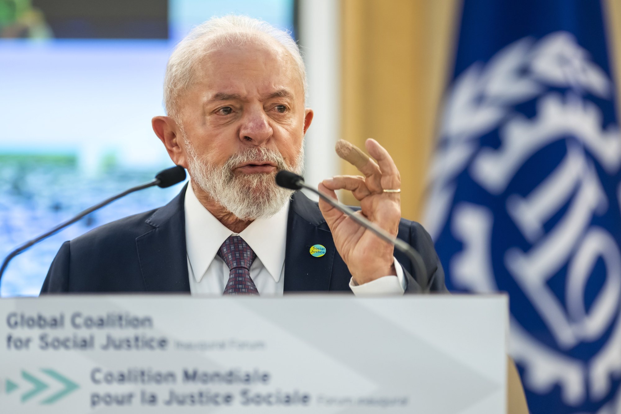 epa11408190 Brazil&#039;s President Luiz Inacio Lula da Silva, delivers his statement during the 112th International Labour Organization (ILO) Conference, at the European headquarters of the United Nations in Geneva, Switzerland, 13 June 2024.  EPA/MARTIAL TREZZINI