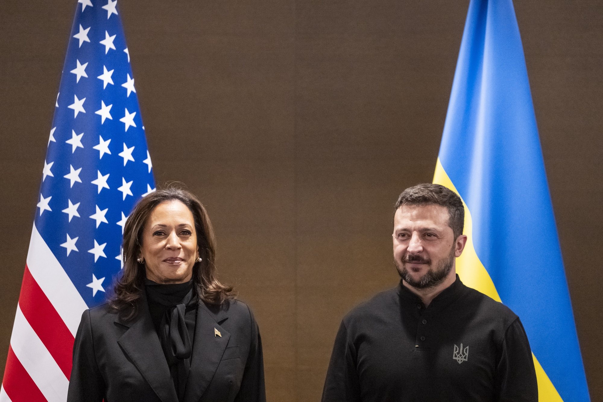 epa11412164 US Vice President Kamala Harris (L) poses for photographers with Ukraine&#039;s President Volodymyr Zelensky (R) ahead of a bilateral meeting during the Summit on Peace in Ukraine, in Stansstad near Lucerne, Switzerland, 15 June 2024. International heads of state gather on 15 and 16 June at the Buergenstock Resort in central Switzerland for the two-day Summit on Peace in Ukraine.  EPA/ALESSANDRO DELLA VALLE / POOL                     EDITORIAL USE ONLY  EDITORIAL USE ONLY
