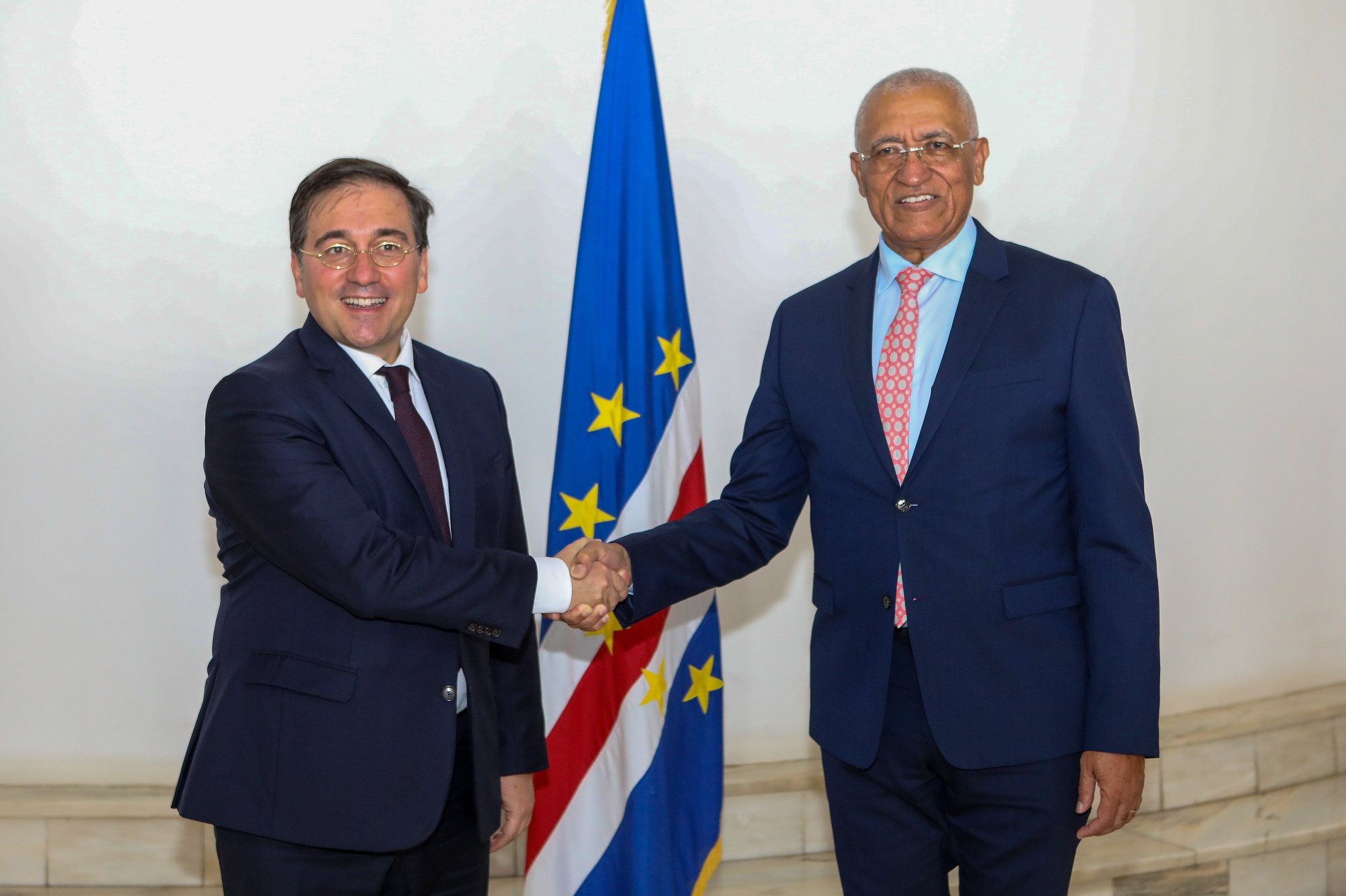 Spanish Foreign Minister, Jose Manuel Albares (L) with his Cape Verdean counterpart, Rui Figueiredo Soares, Praia, Cape Verde, 18 June 2024. Jose Manuel Albares is traveling to Cape Verde with the aim of reinforcing the Spanish government&#039;s commitment to the country&#039;s economic future and to the reforms aimed at promoting the implementation of the blue economy and increasing security, ELTON MONTEIRO/LUSA