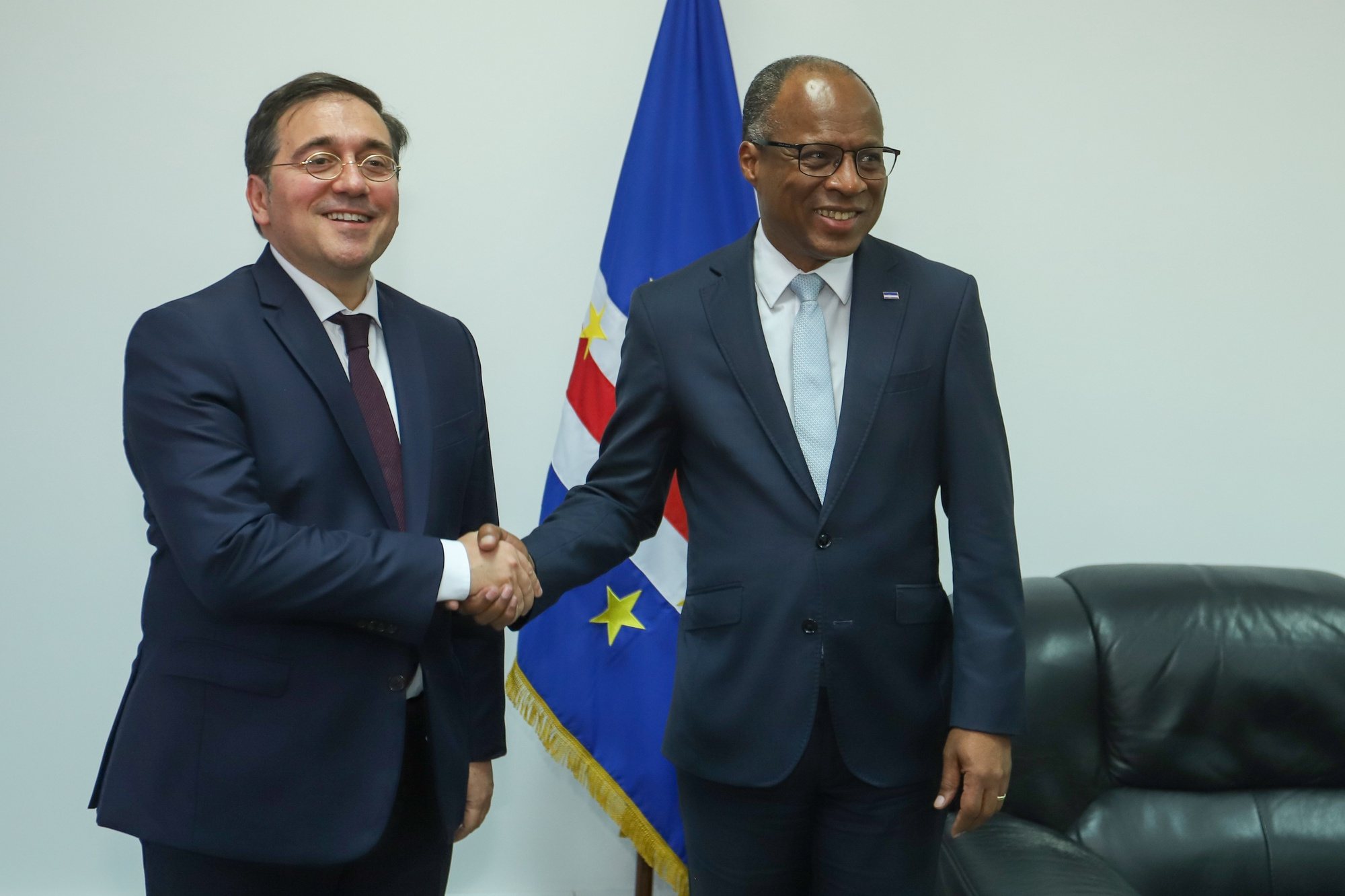 Spanish Foreign Minister, Jose Manuel Albares (L) with the Prime Minister of Cape Verde Jose Ulisses Correia e Silva, before a meeting in Praia, Cape Verde, 18 June 2024. Jose Manuel Albares is traveling to Cape Verde with the aim of reinforcing the Spanish government&#039;s commitment to the country&#039;s economic future and to the reforms aimed at promoting the implementation of the blue economy and increasing security, ELTON MONTEIRO/LUSA