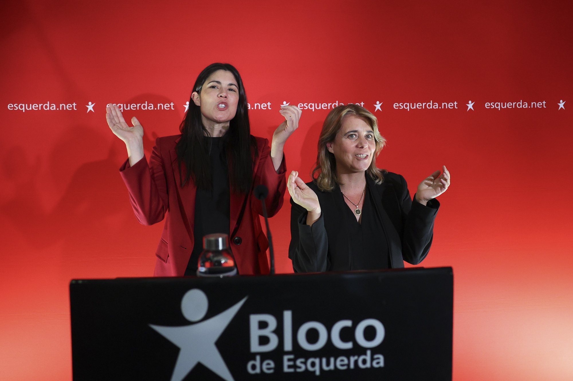 epa11401310 Leader of the Left Block (BE) Mariana Mortagua (L), and Left Block Party candidate Catarina Martins (R), react at the party electoral headquarters after knowing the first projections of the European elections night in Lisbon, Portugal, 09 June 2024. More than 10.8 million registered voters in Portugal and abroad go to the polls on 09 June to choose 21 of the European Parliament&#039;s 720 members.  EPA/ANTONIO COTRIM