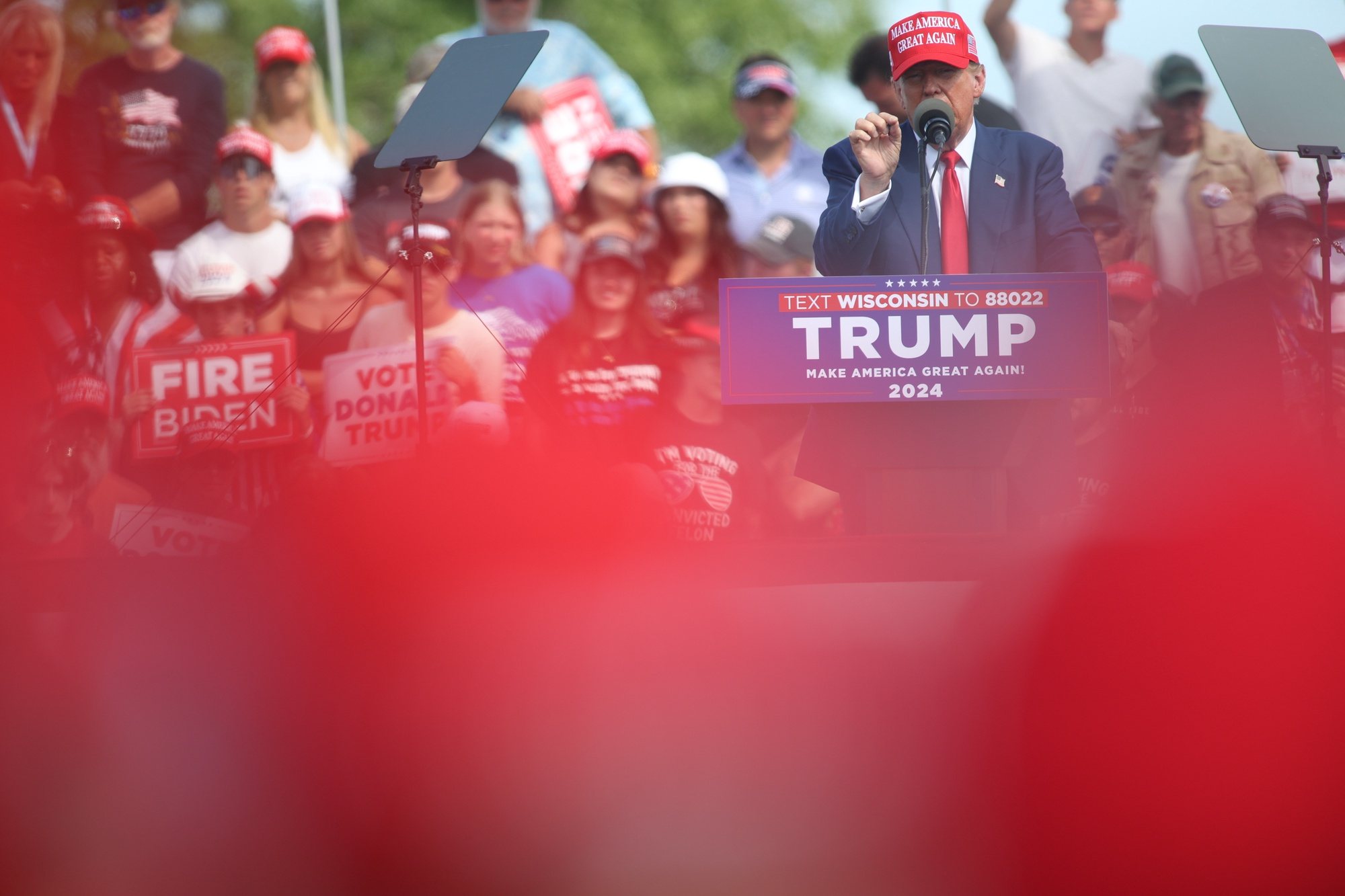 epa11421296 Former US President Donald J. Trump speaks during a campaign rally at Racine Festival Park in Racine, Wisconsin, USA, 18 June 2024.  EPA/TRENT SPRAGUE