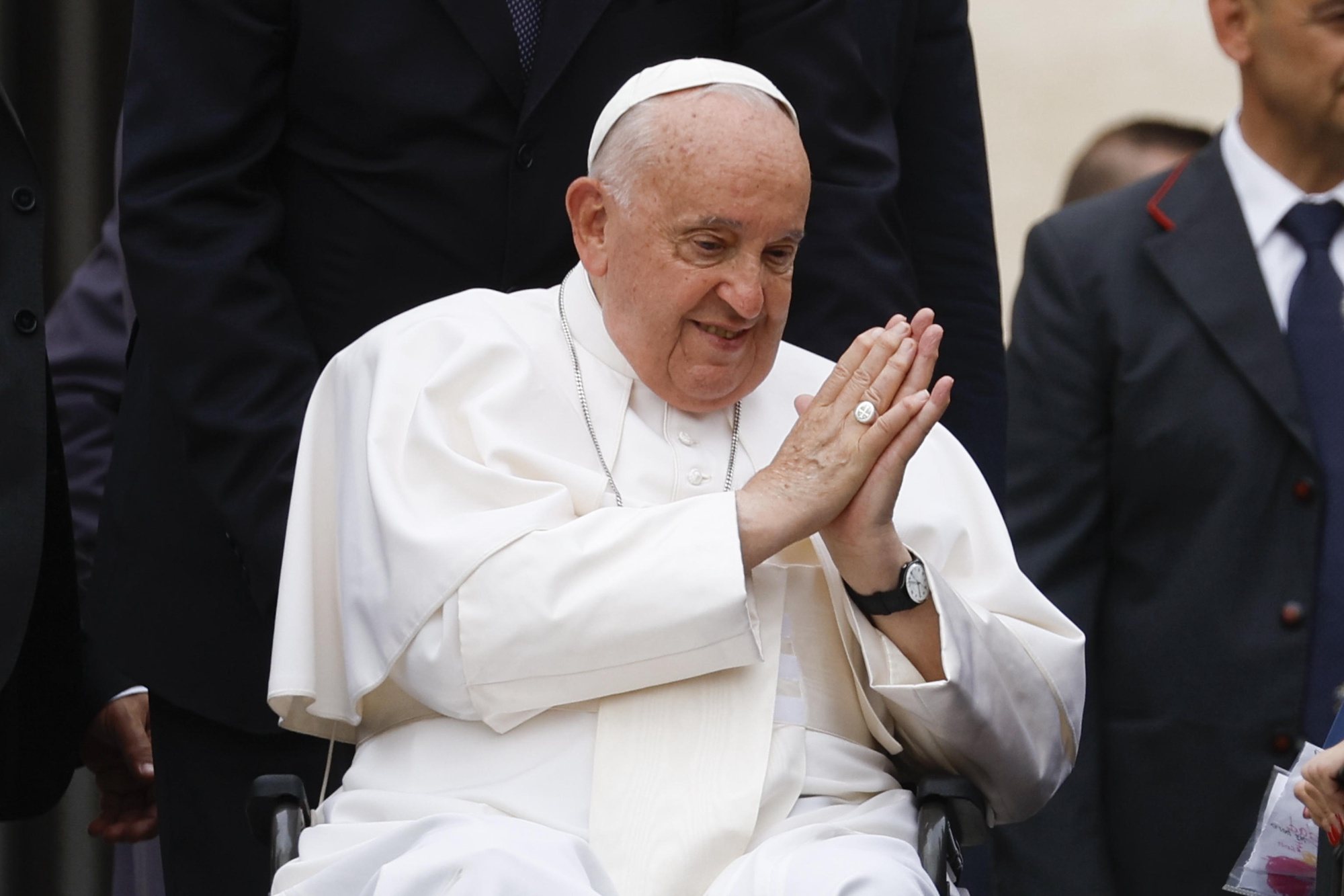 epa11421762 Pope Francis gestures during his weekly general audience in Saint Peter&#039;s Square, Vatican City, 19 June 2024.  EPA/FABIO FRUSTACI