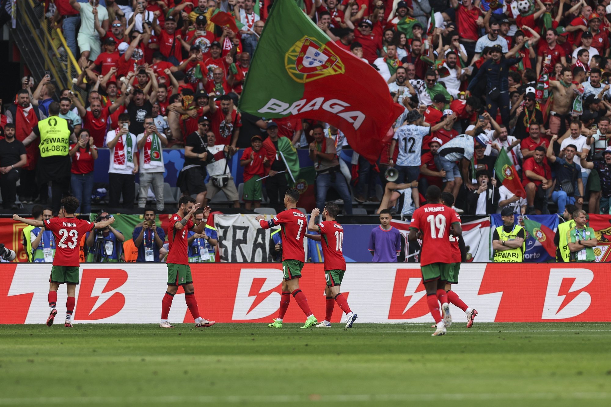 Players of Portugal celebrates a self goal of Turkey during the UEFA EURO 2024 group F soccer match in Dorthmund, Germany, 22 of June 2024. MIGUEL A. LOPES/LUSA
